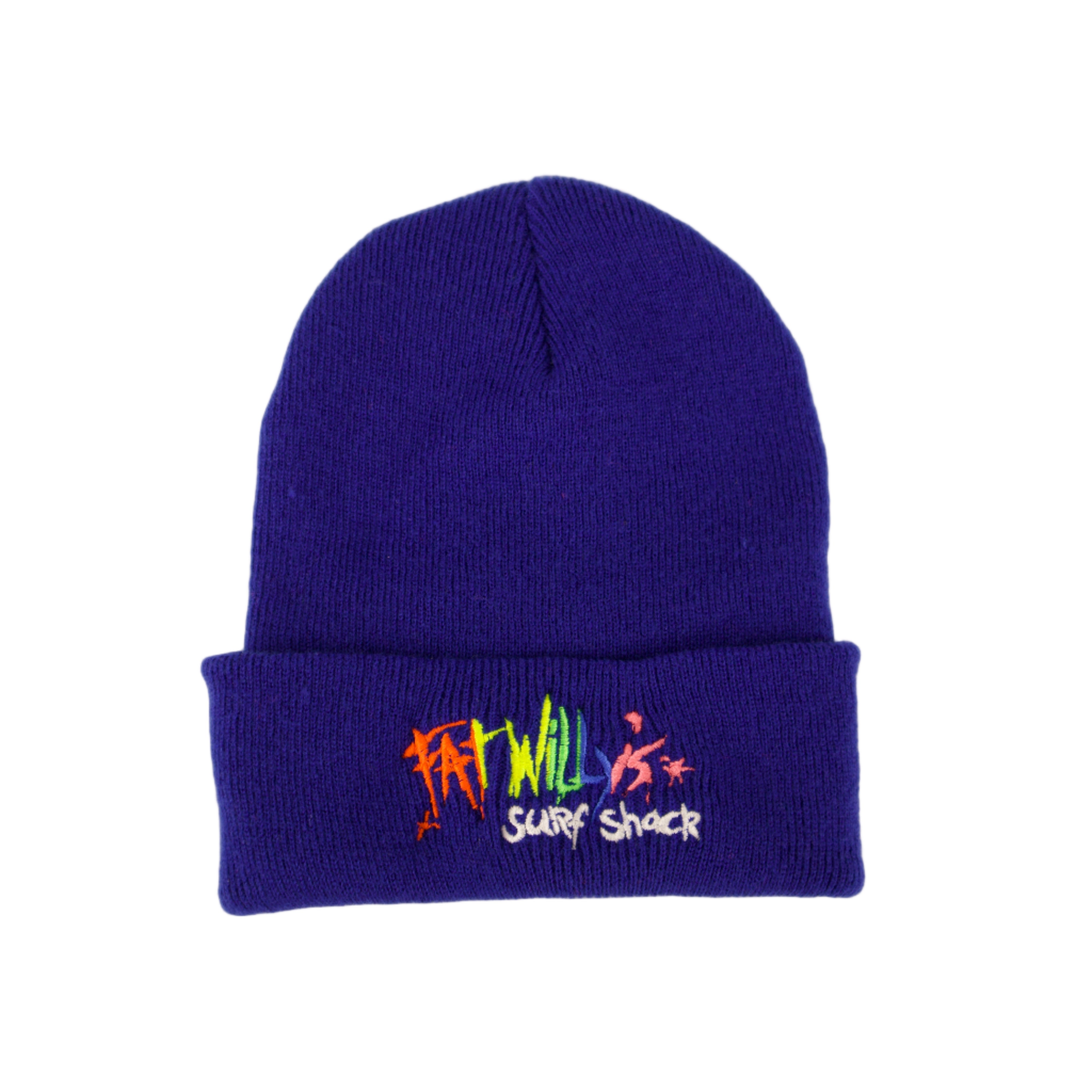 Blue beanie with colorful text on a beige background