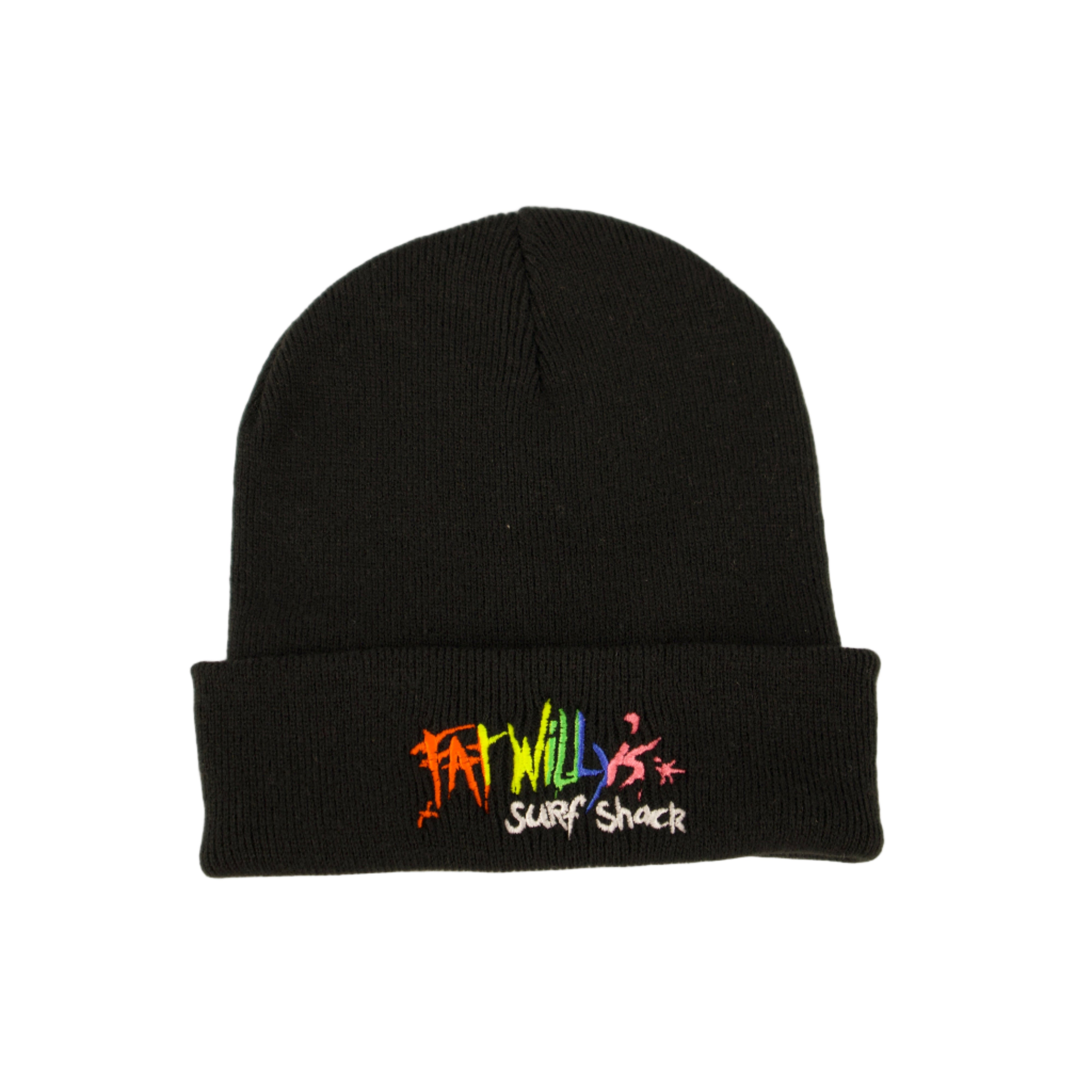 Black beanie with colorful text on a white background
