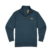 Navy blue pullover with a colorful logo on a white background