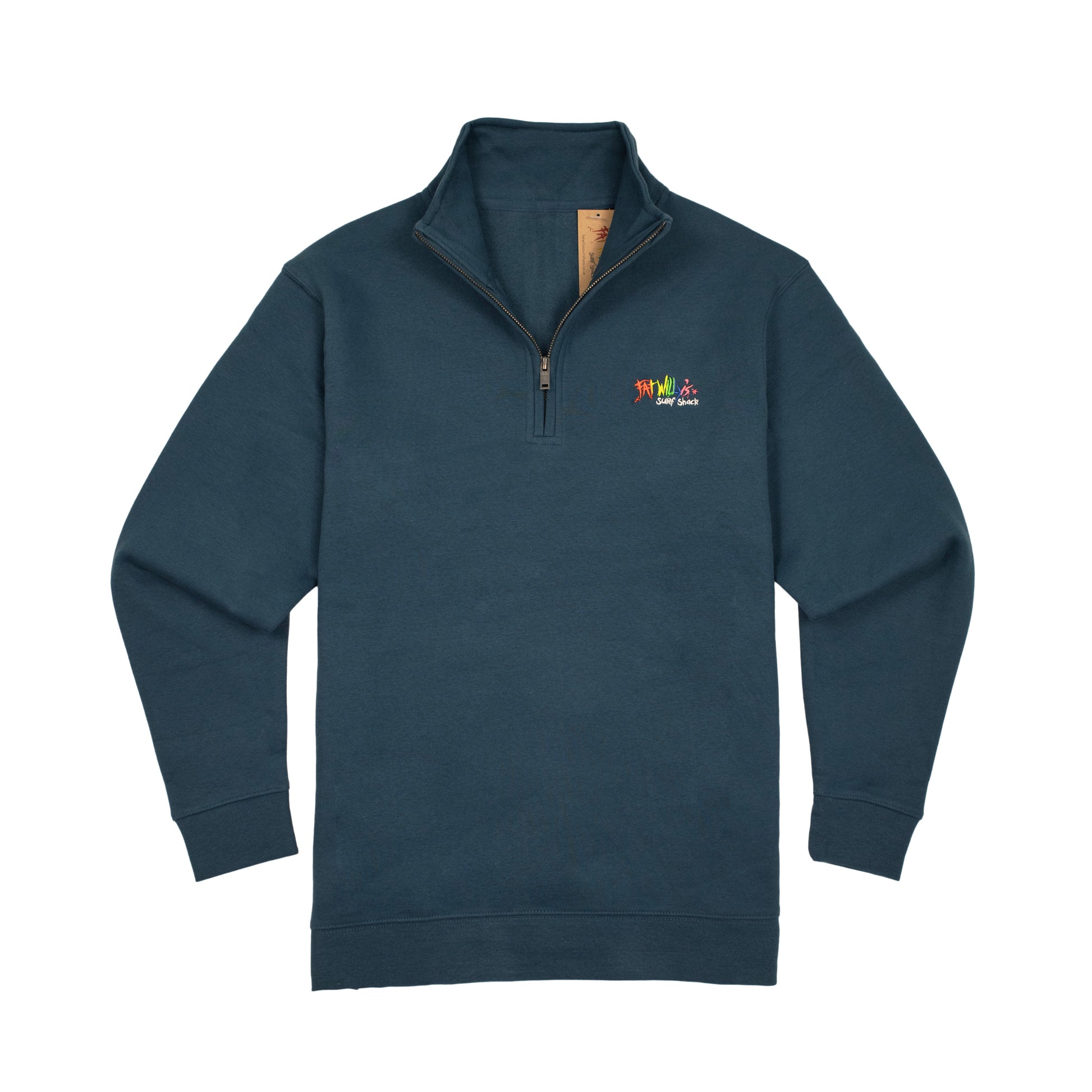 Navy blue pullover with a colorful logo on a white background