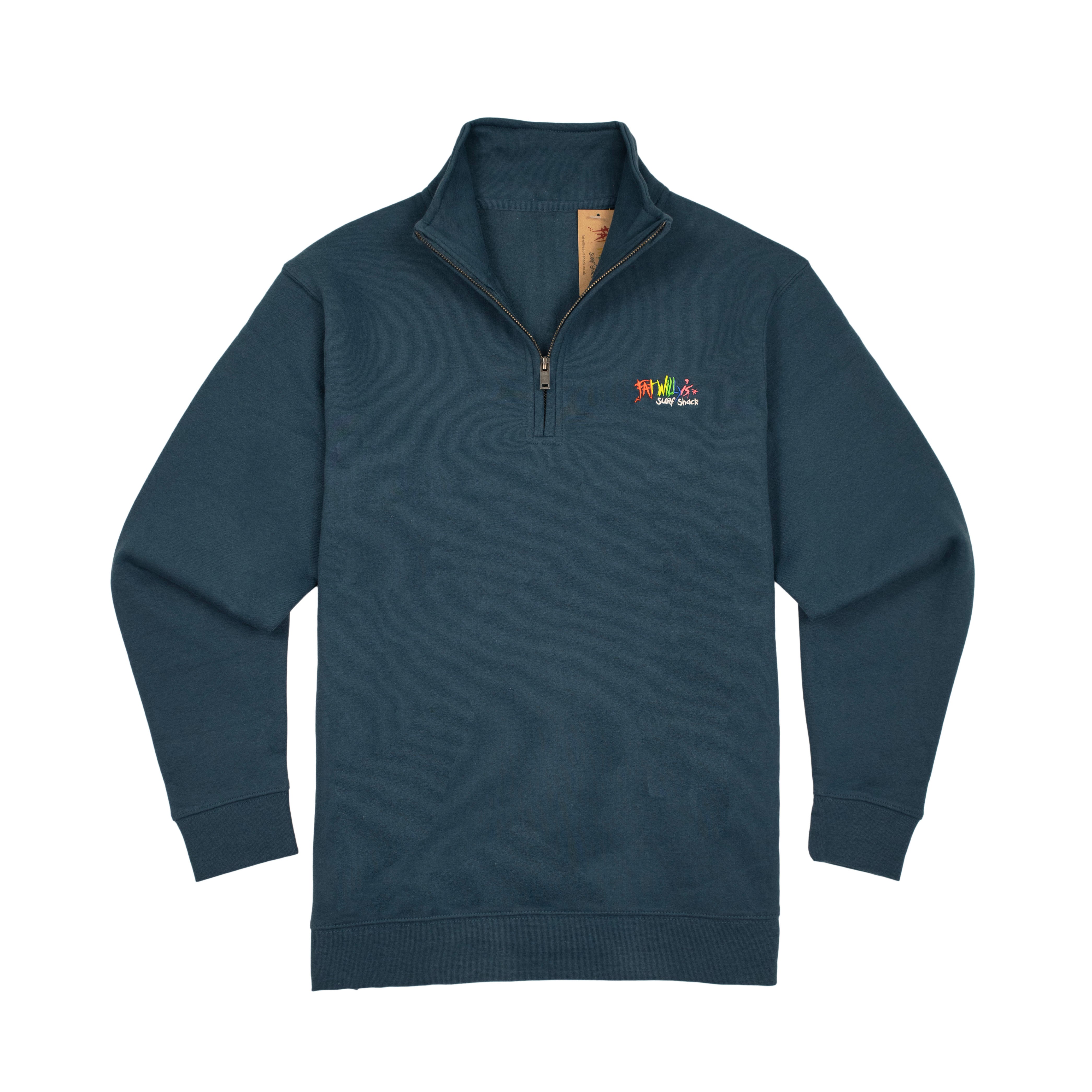 Navy blue pullover with a colorful logo on a white background