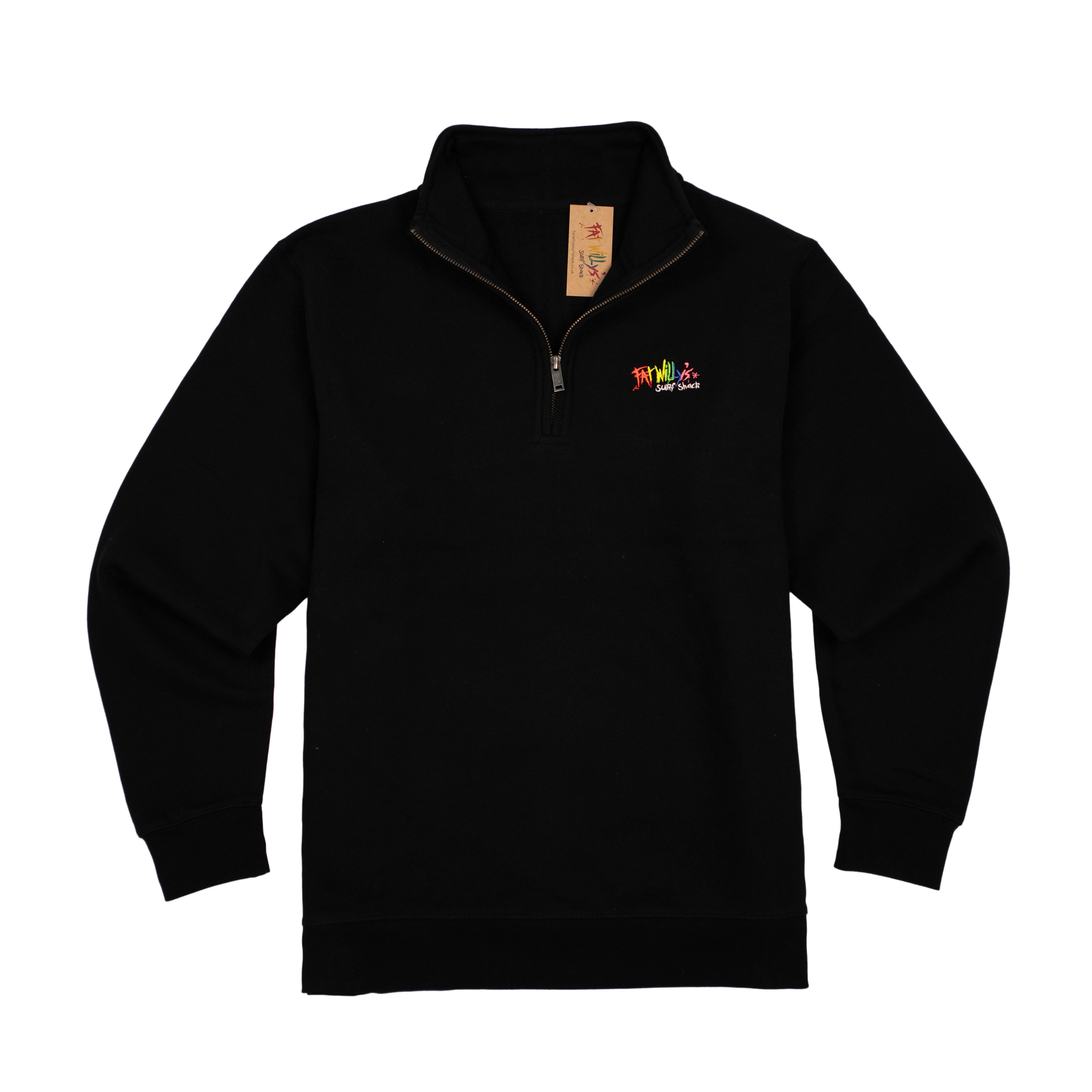 Black pullover with a colorful logo on a white background