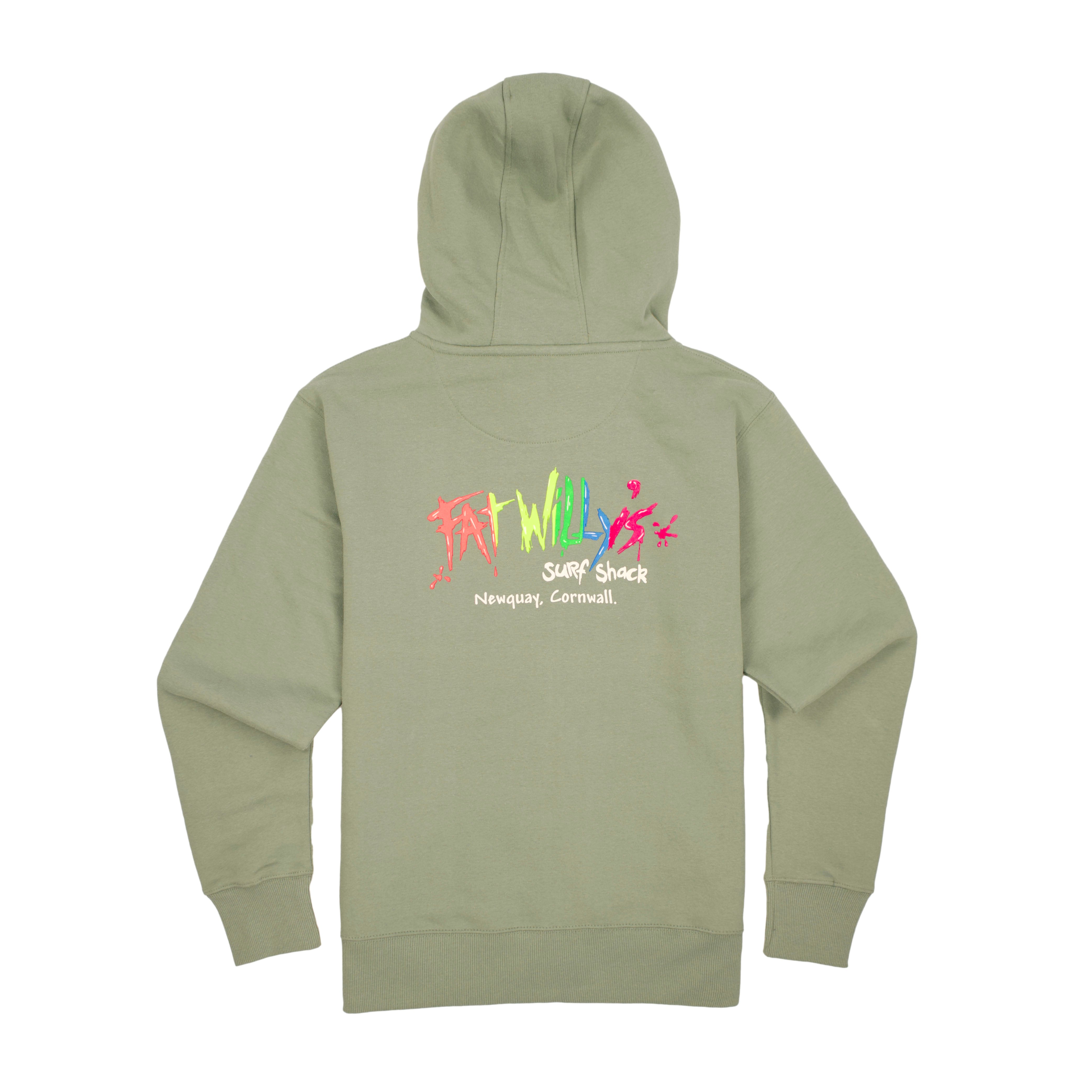 Sage Green hoodie with colorful text on the back against a white background
