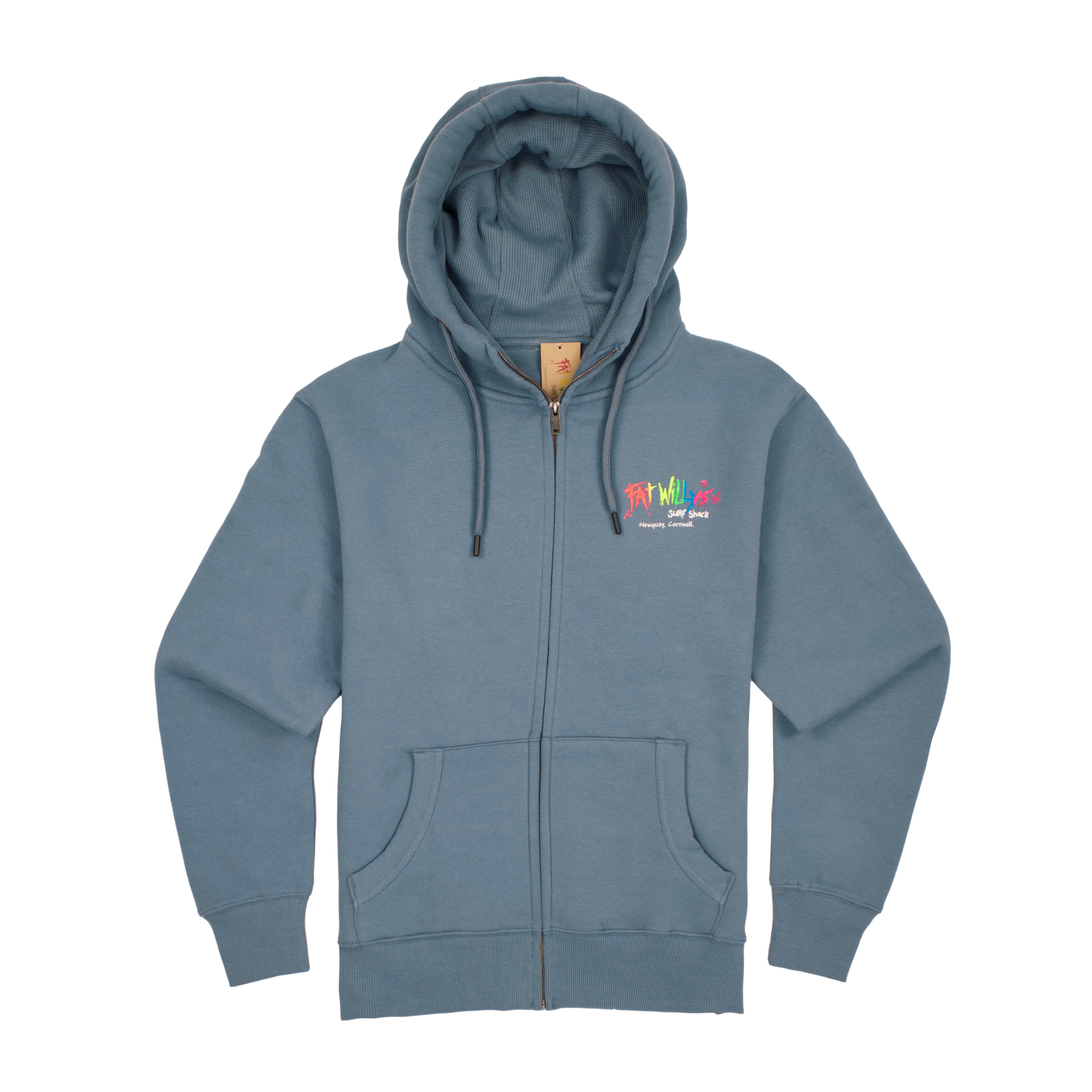 Ocean Blue hoodie with a logo on the chest against a white background