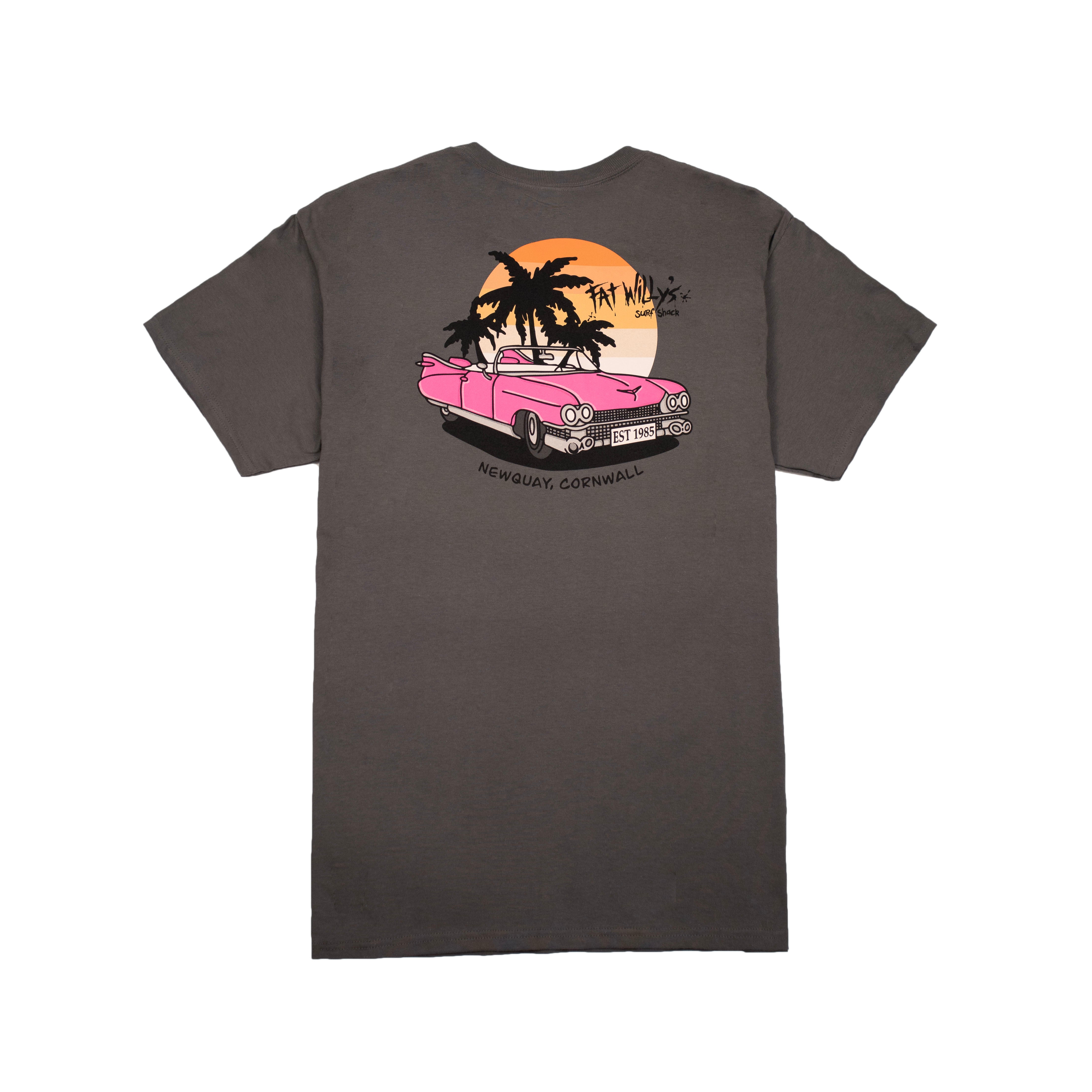 Gray t-shirt with a pink car and palm tree design on the back, on a white background