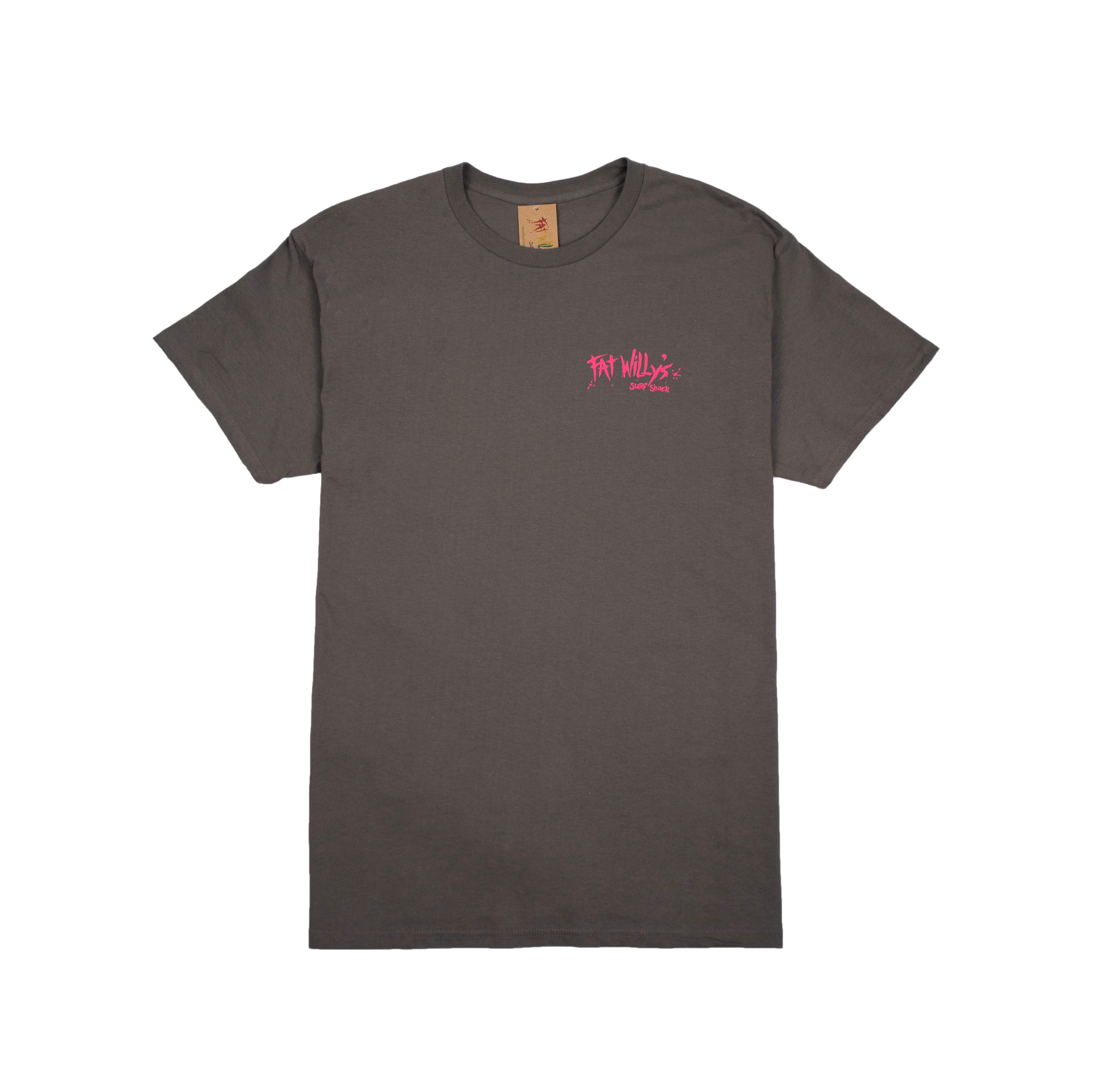 Gray t-shirt with a pink logo on a white background