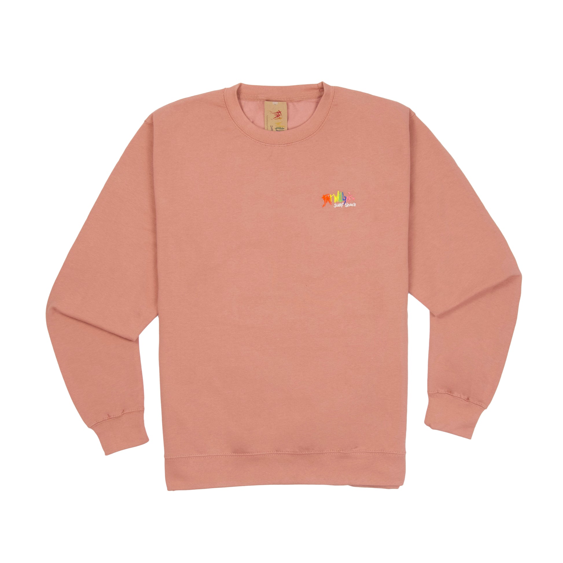 Pink sweatshirt with a colorful logo on a white background