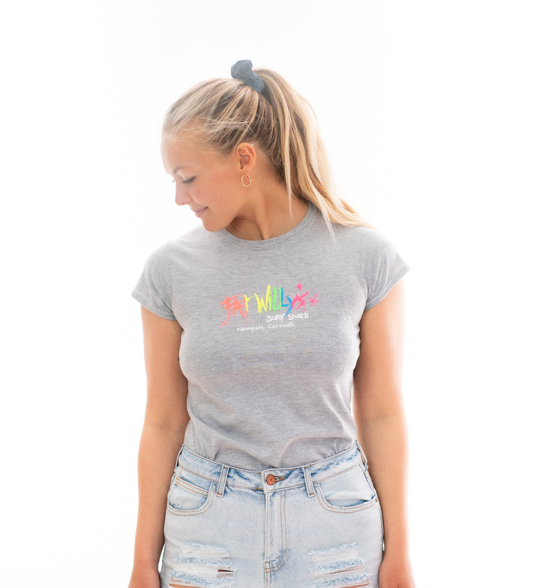 Fat Willy's Surf Shack Newquay Adult Ladies Cut T Shirt Grey