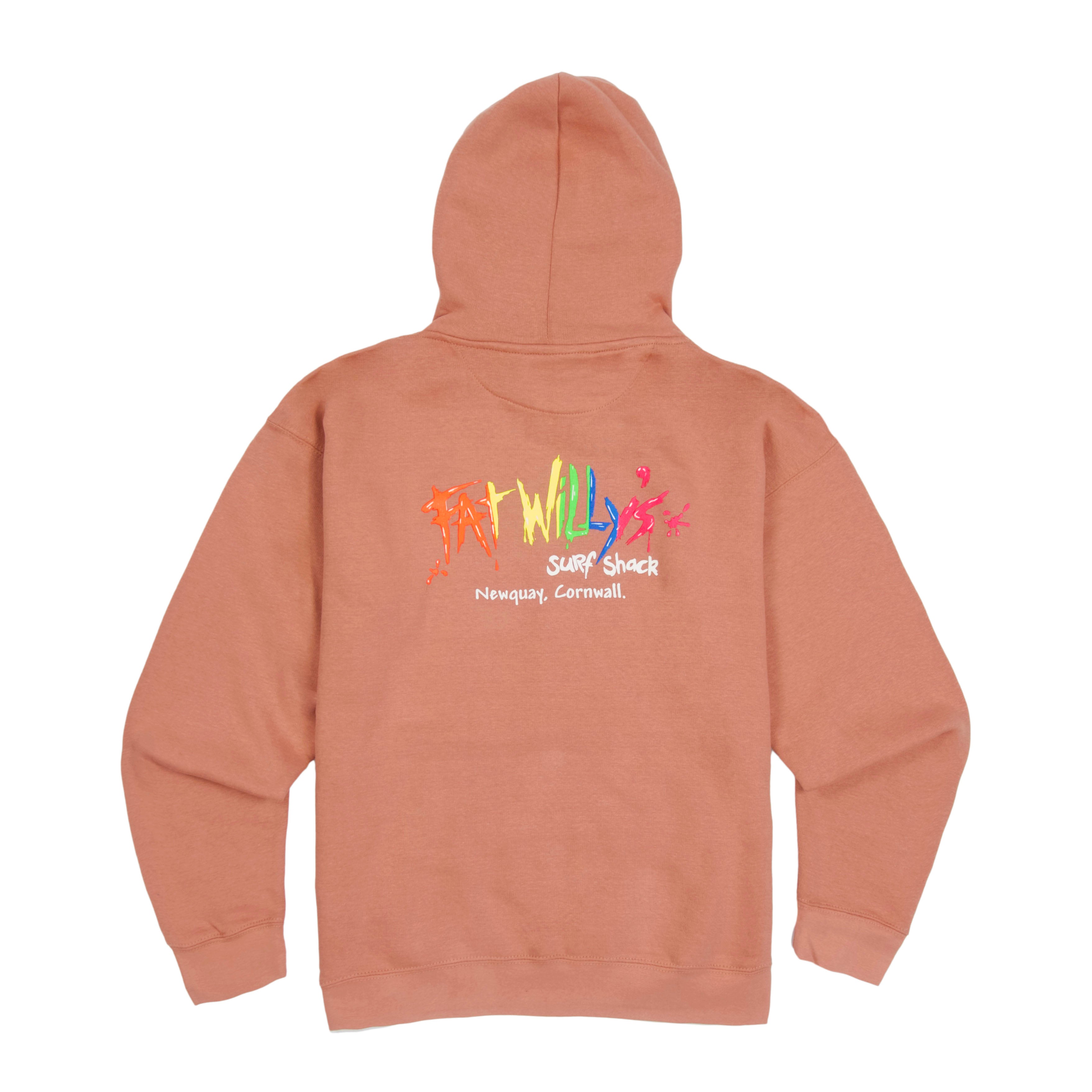 Blush Pink Adult Hoodie with retro multicolour Fat Willy’s logo
