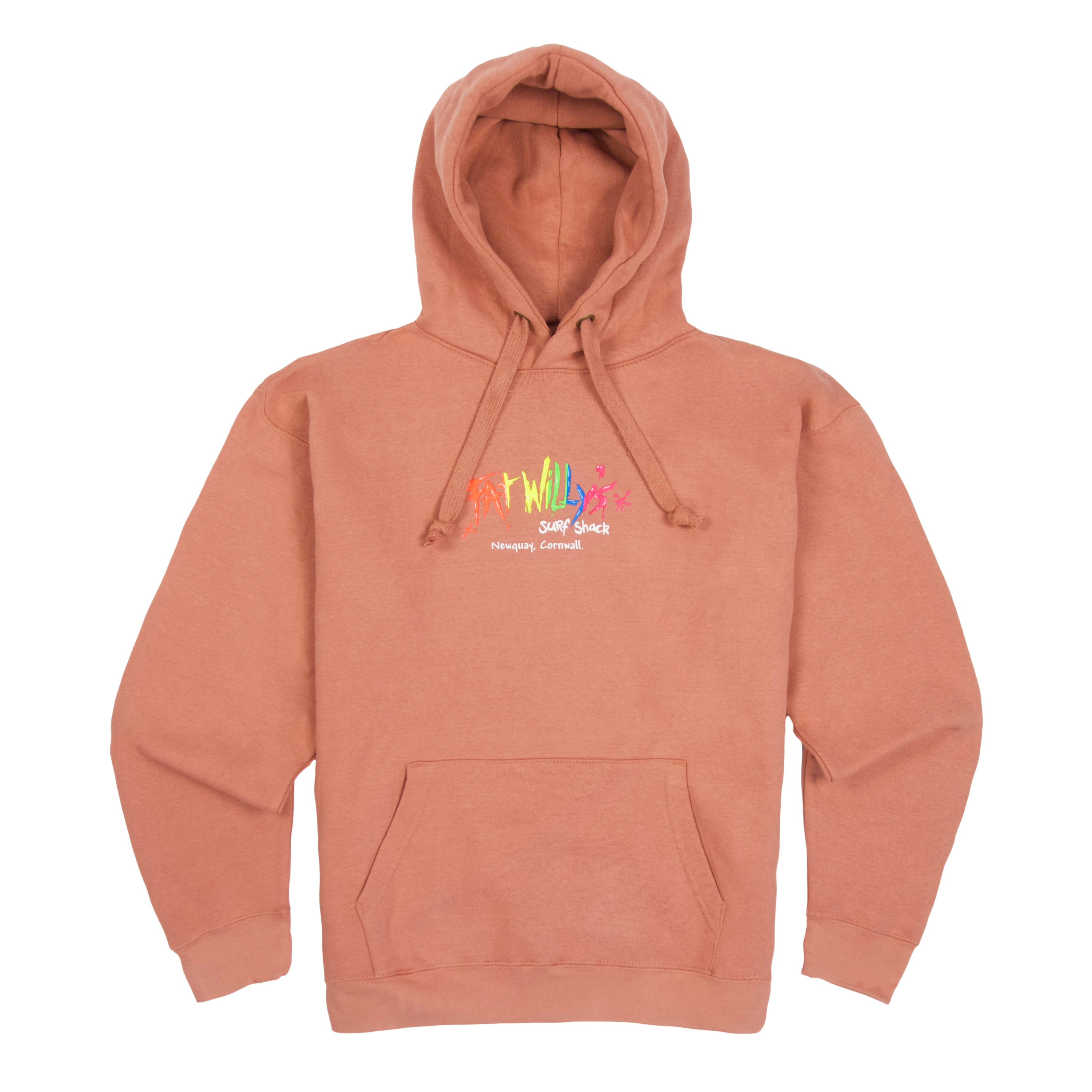 Blush Pink Adult Hoodie with retro multicolour Fat Willy’s logo