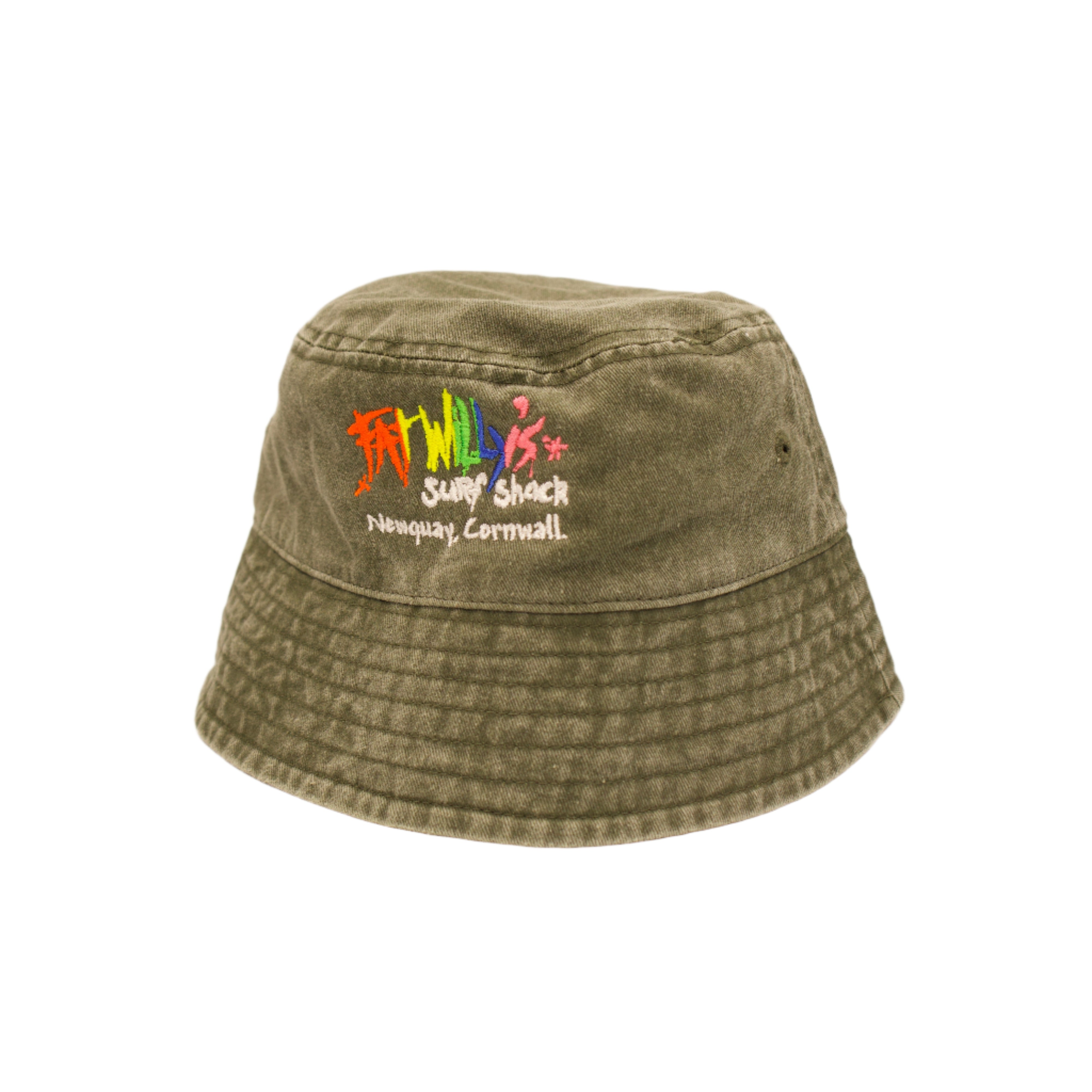 Green bucket hat with colorful text on a white background