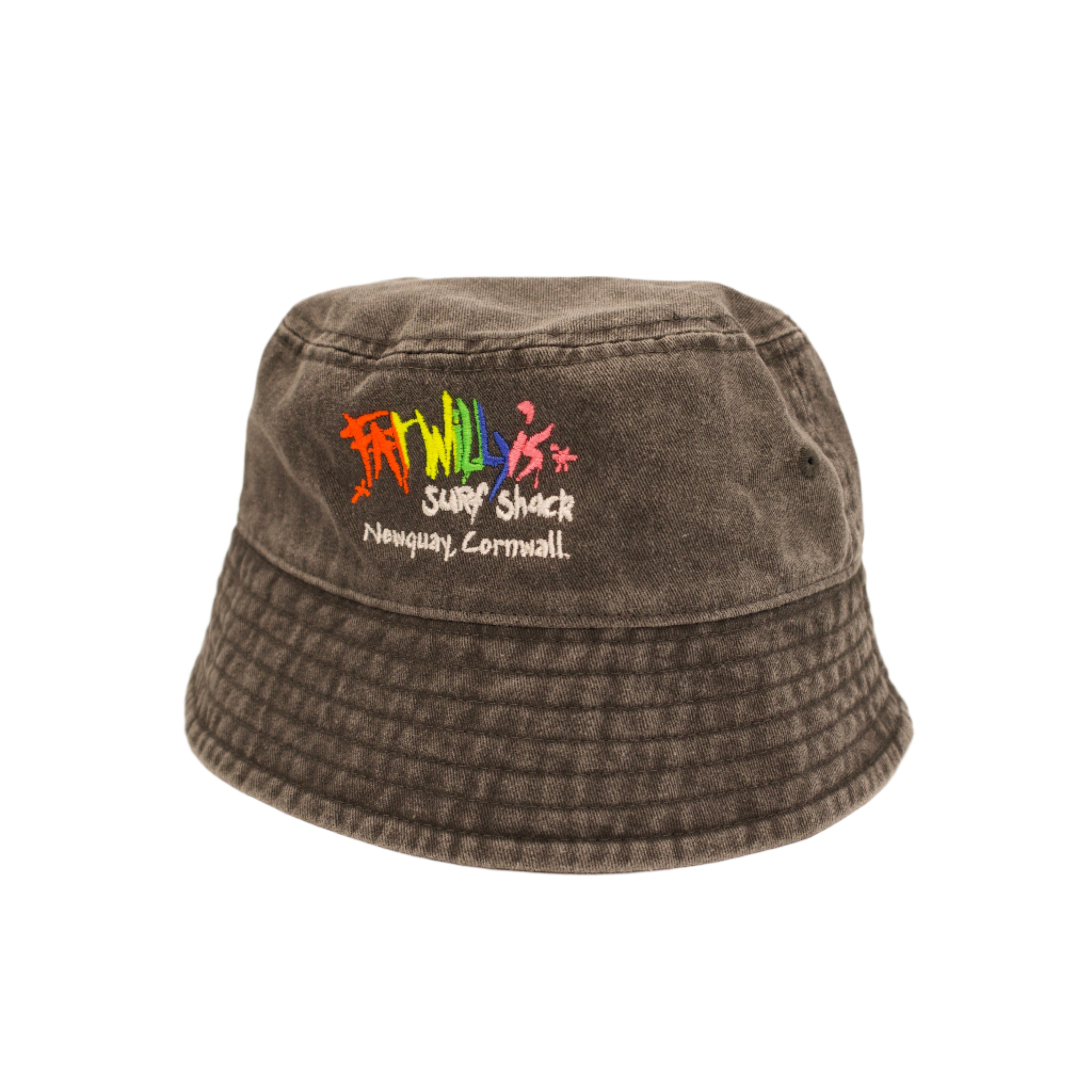 Vintage black bucket hat with colorful branding on a white background