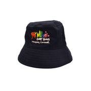 Navy bucket hat with colorful logo on a white background
