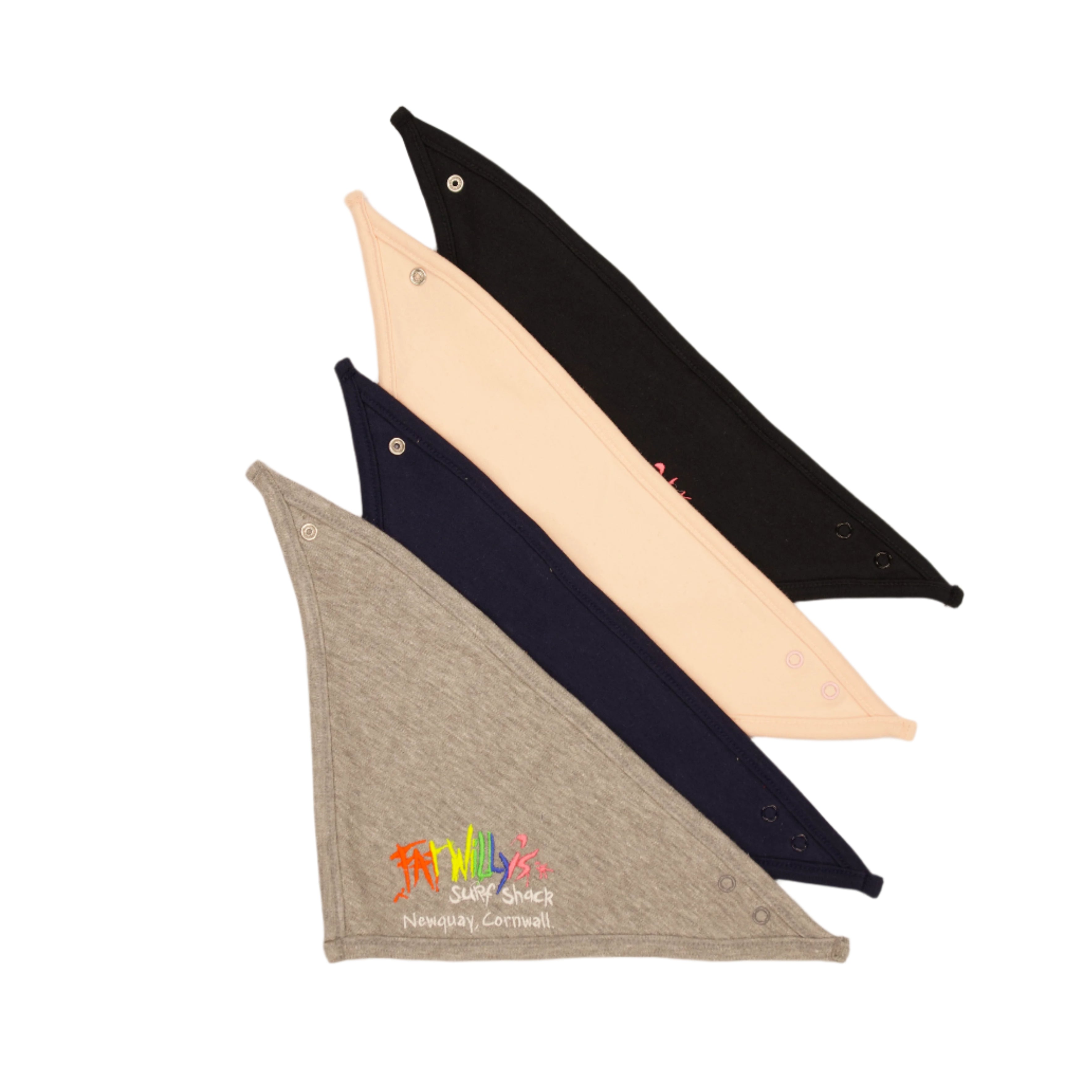 Four triangular bandana bibs in black, beige, and grey