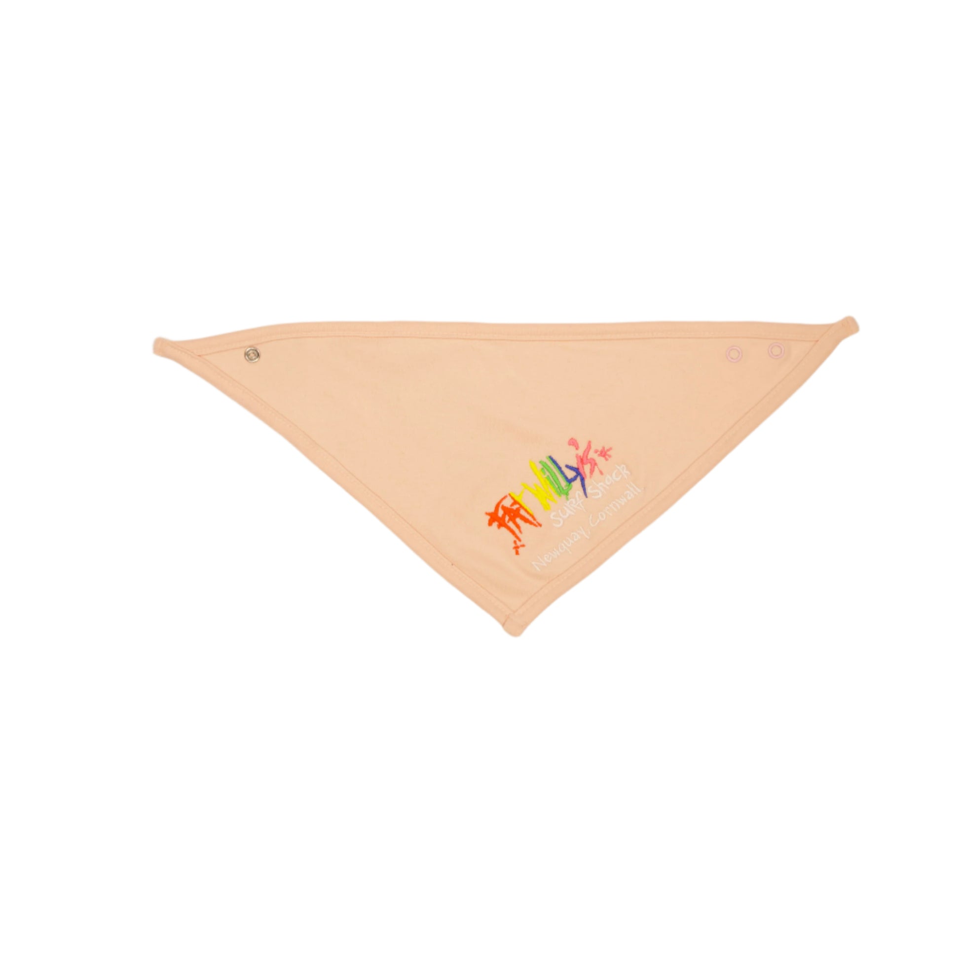 Beige triangle-shaped bandana with colorful embroidered design on a beige background