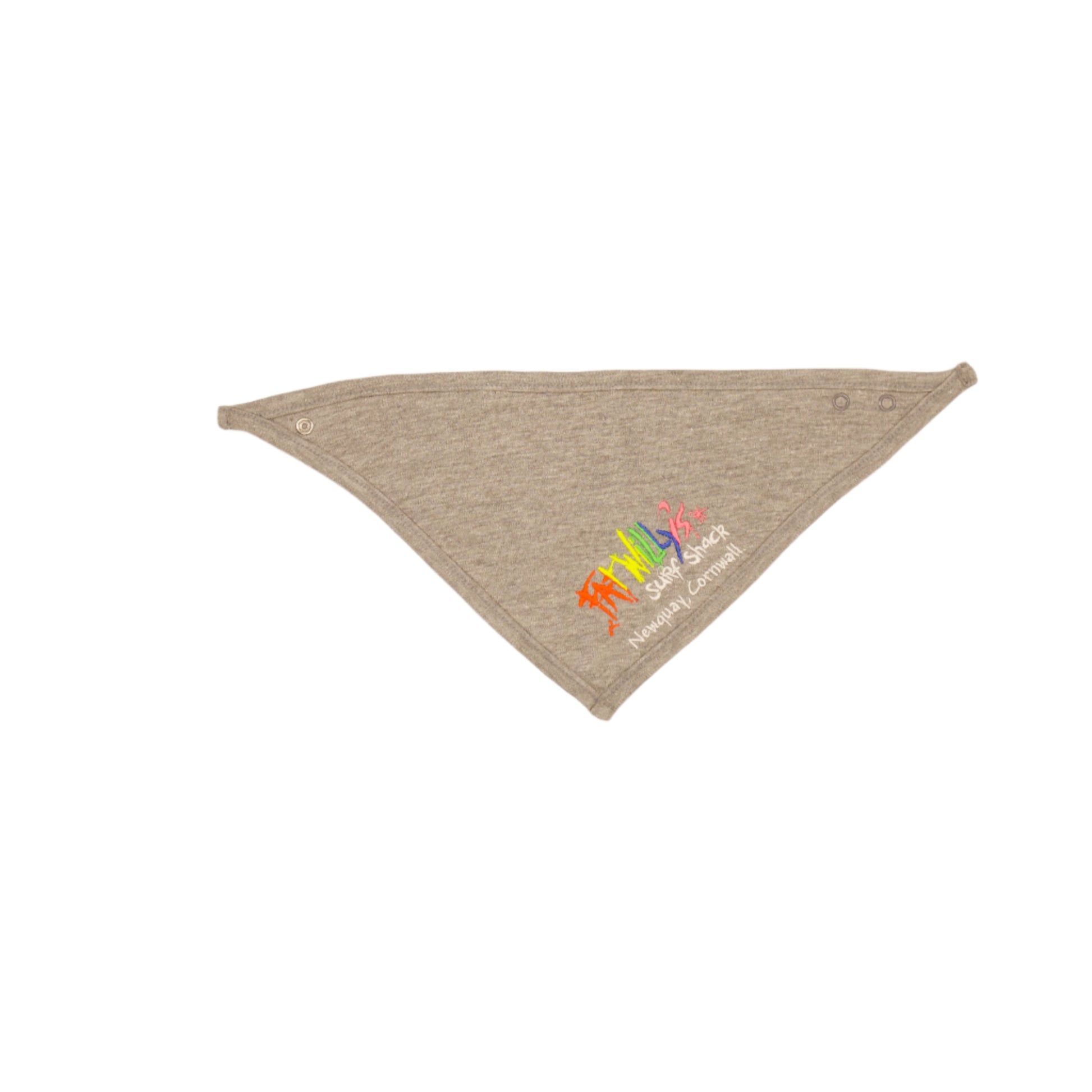 Gray bandana with colorful text on a beige background