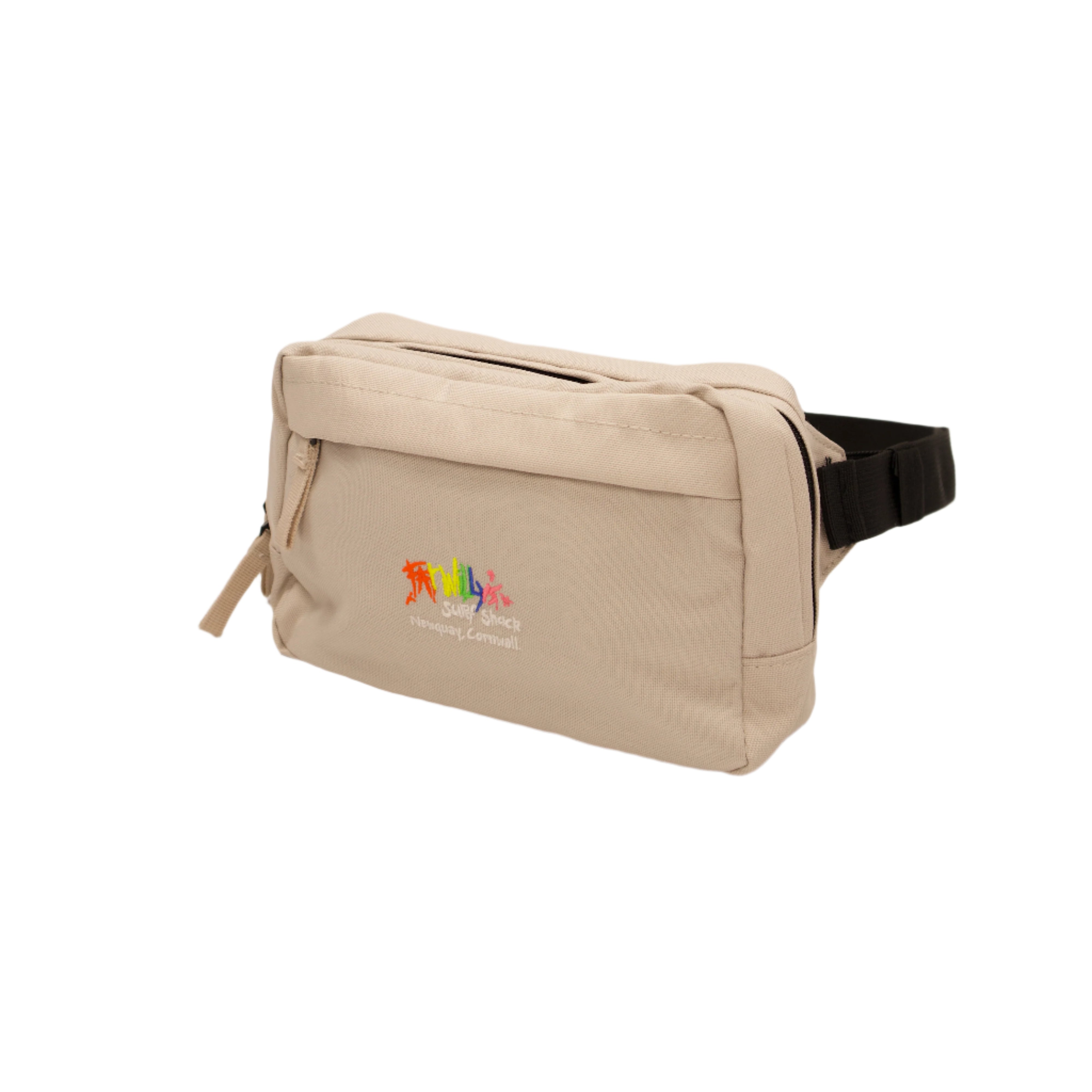Beige waist bag with colorful logo on a light beige background