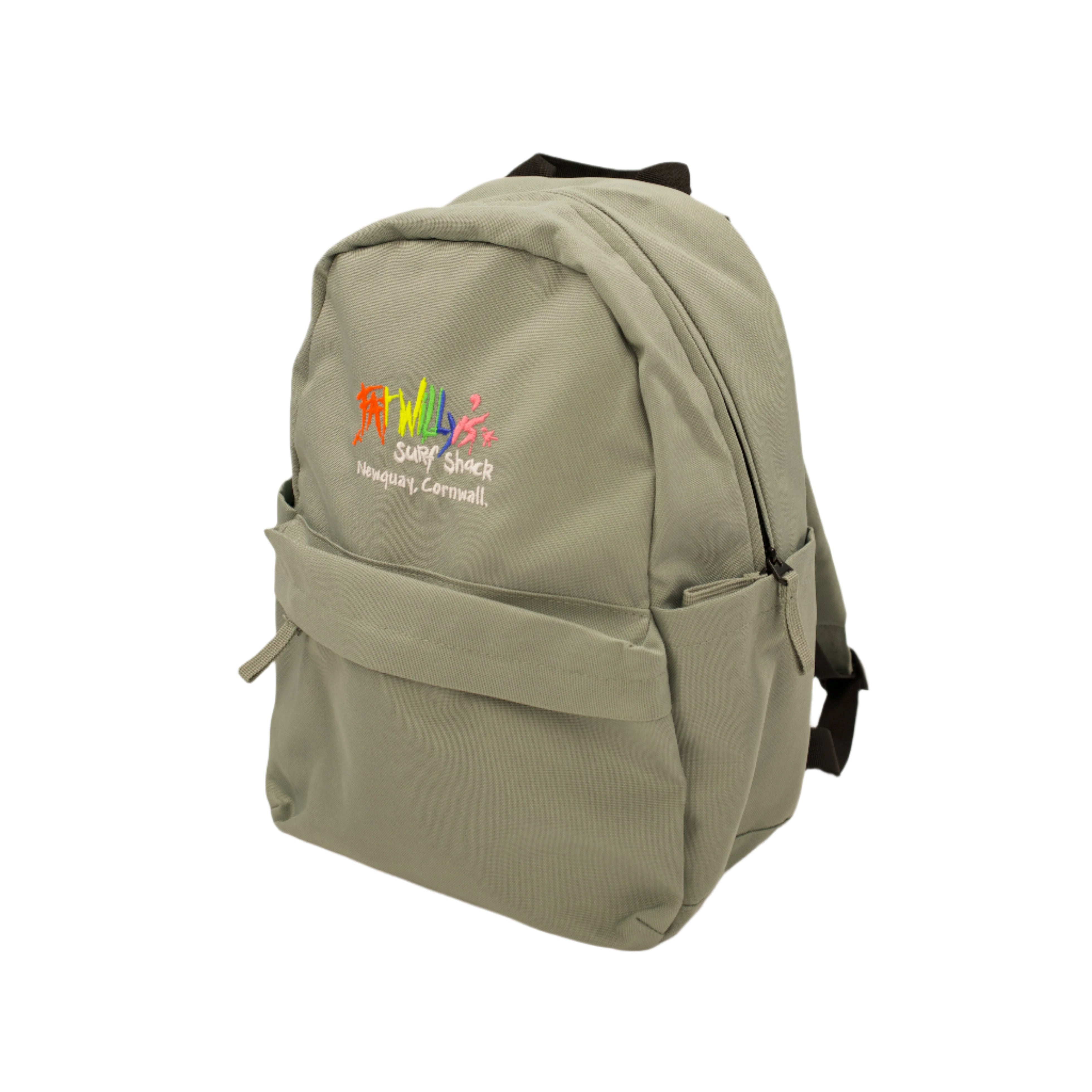 Green backpack with colorful text on a beige background