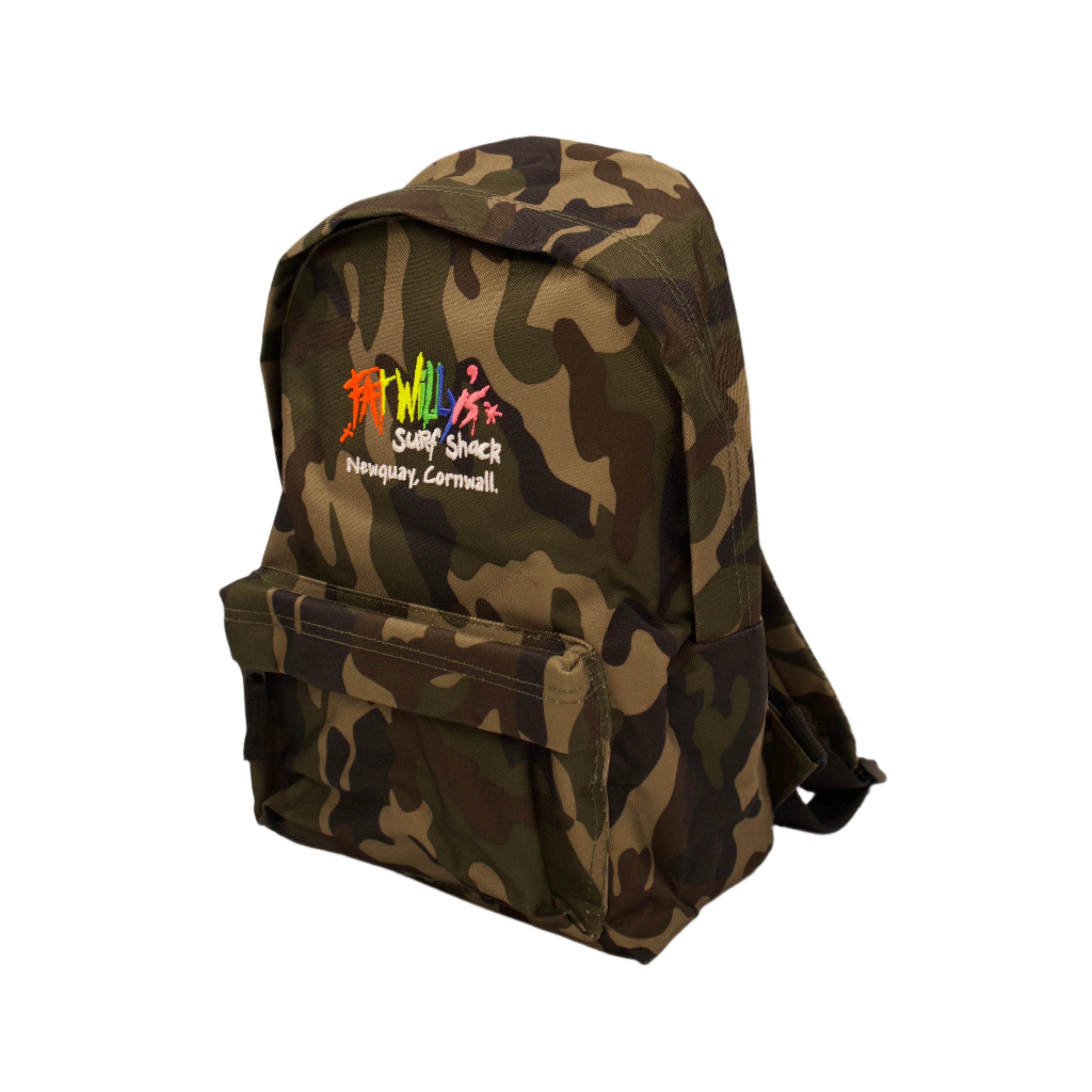 Camouflage backpack with a colorful logo on a white background