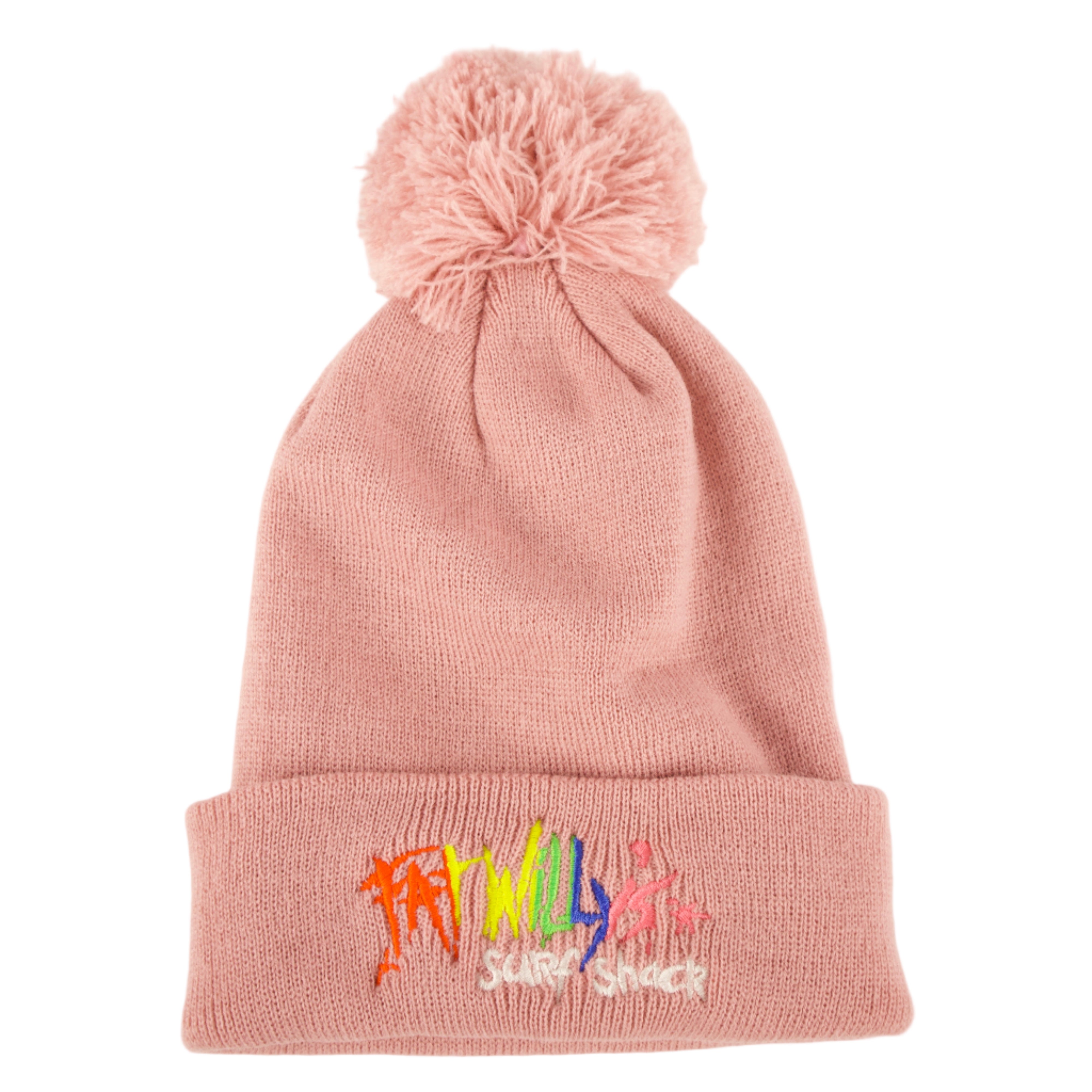 Pink beanie with colorful text and pom-pom on a light beige background