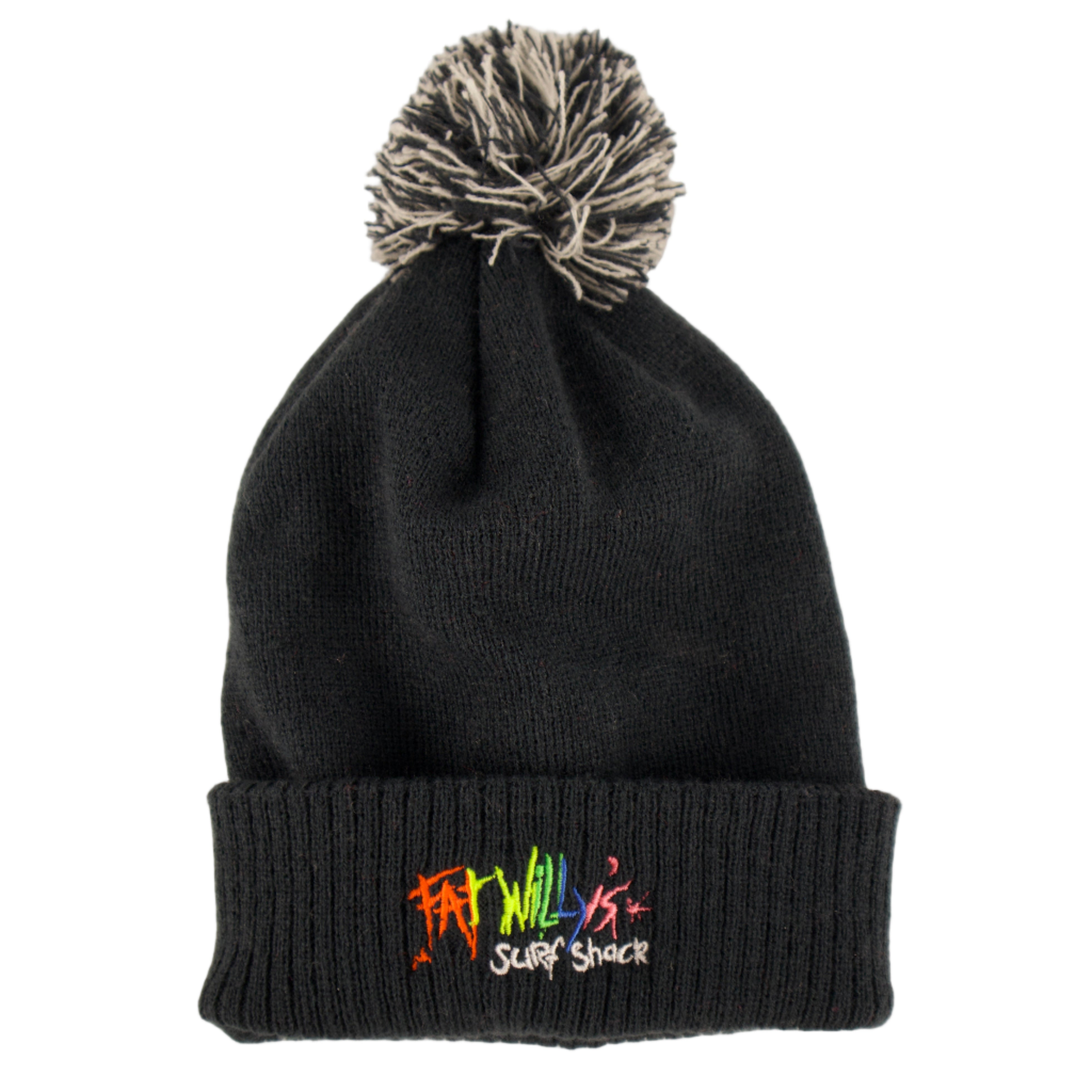 Navy beanie with pom-pom and colorful text on a beige background