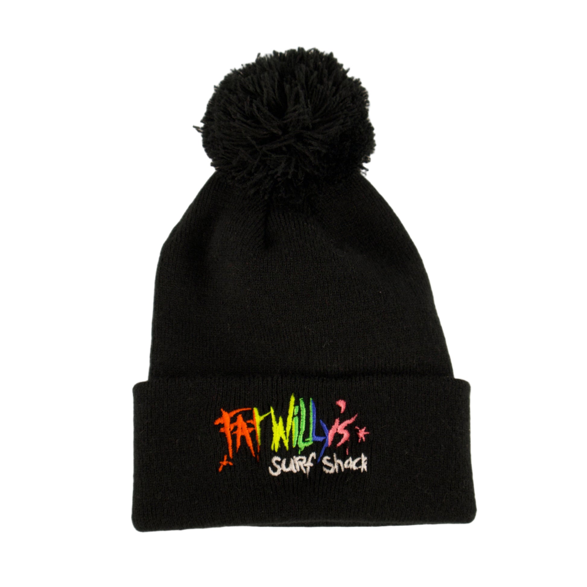 Black beanie with colorful text on a beige background