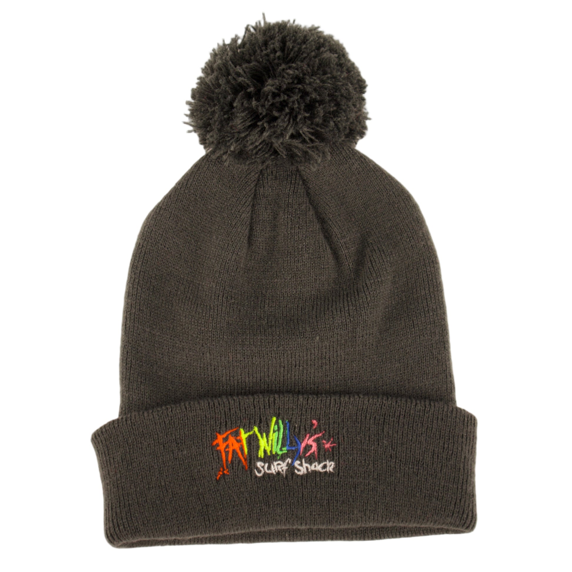 Gray beanie with pom-pom and colorful text on a white background