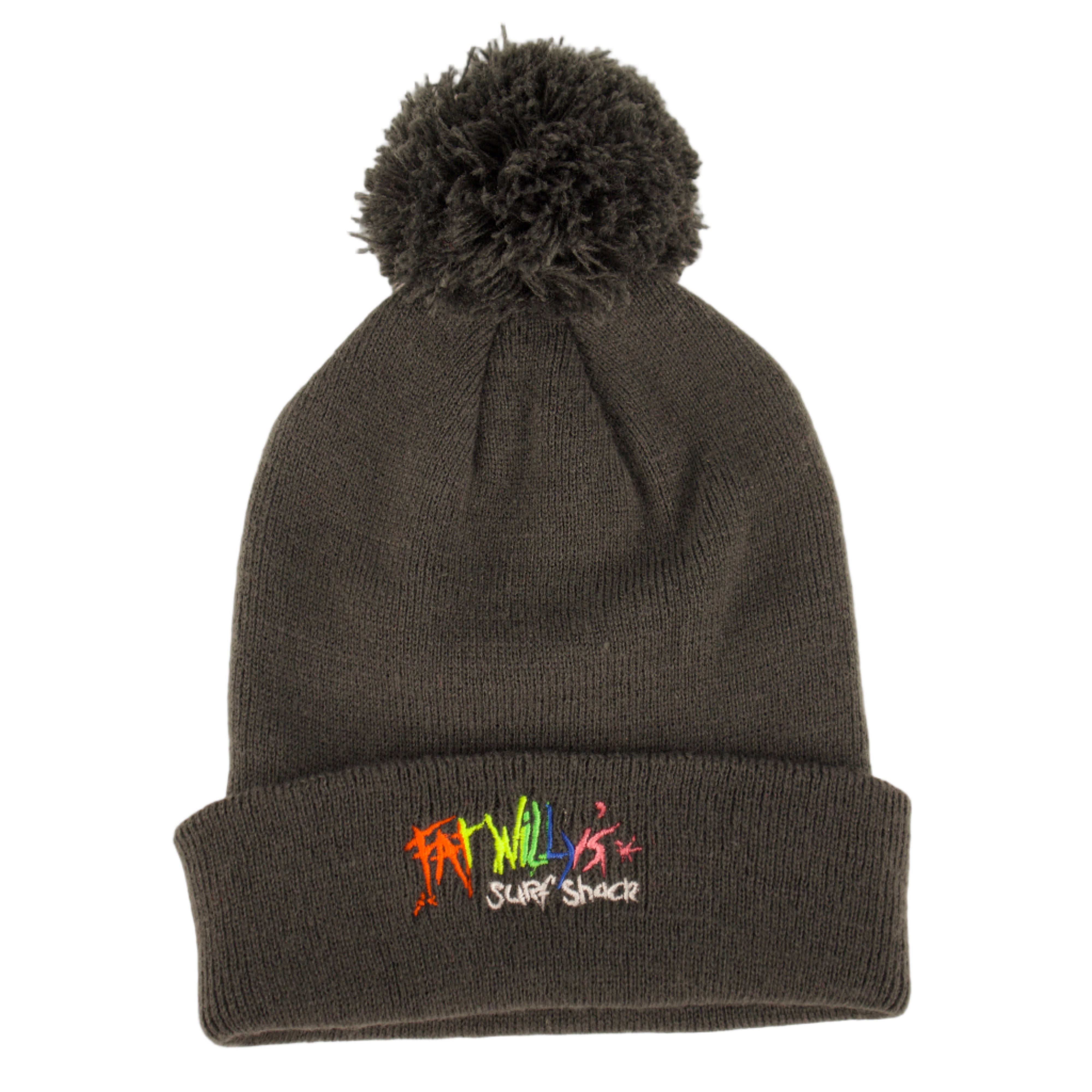Gray beanie with pom-pom and colorful text on a white background