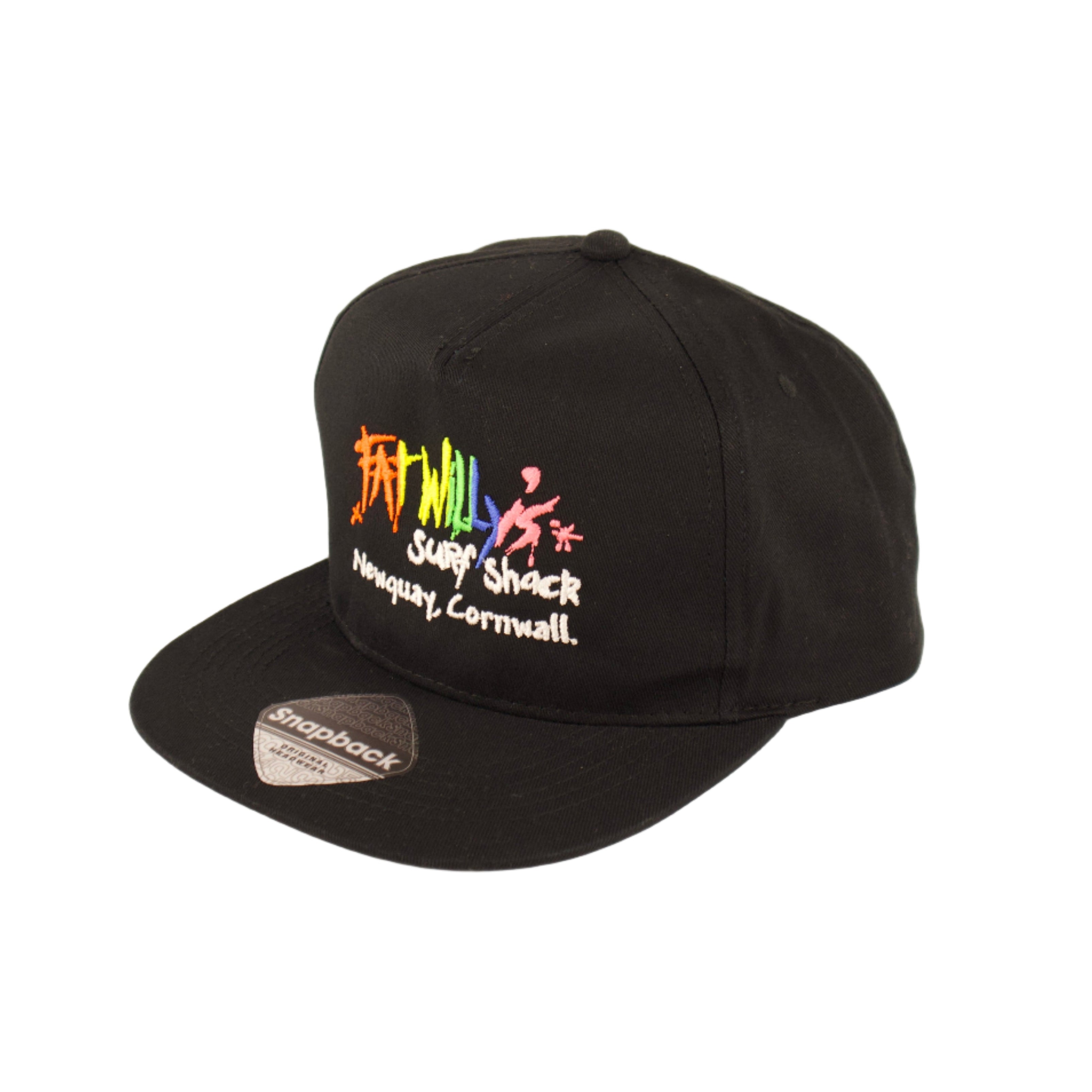 Black cap with colorful text and graphics on a white background