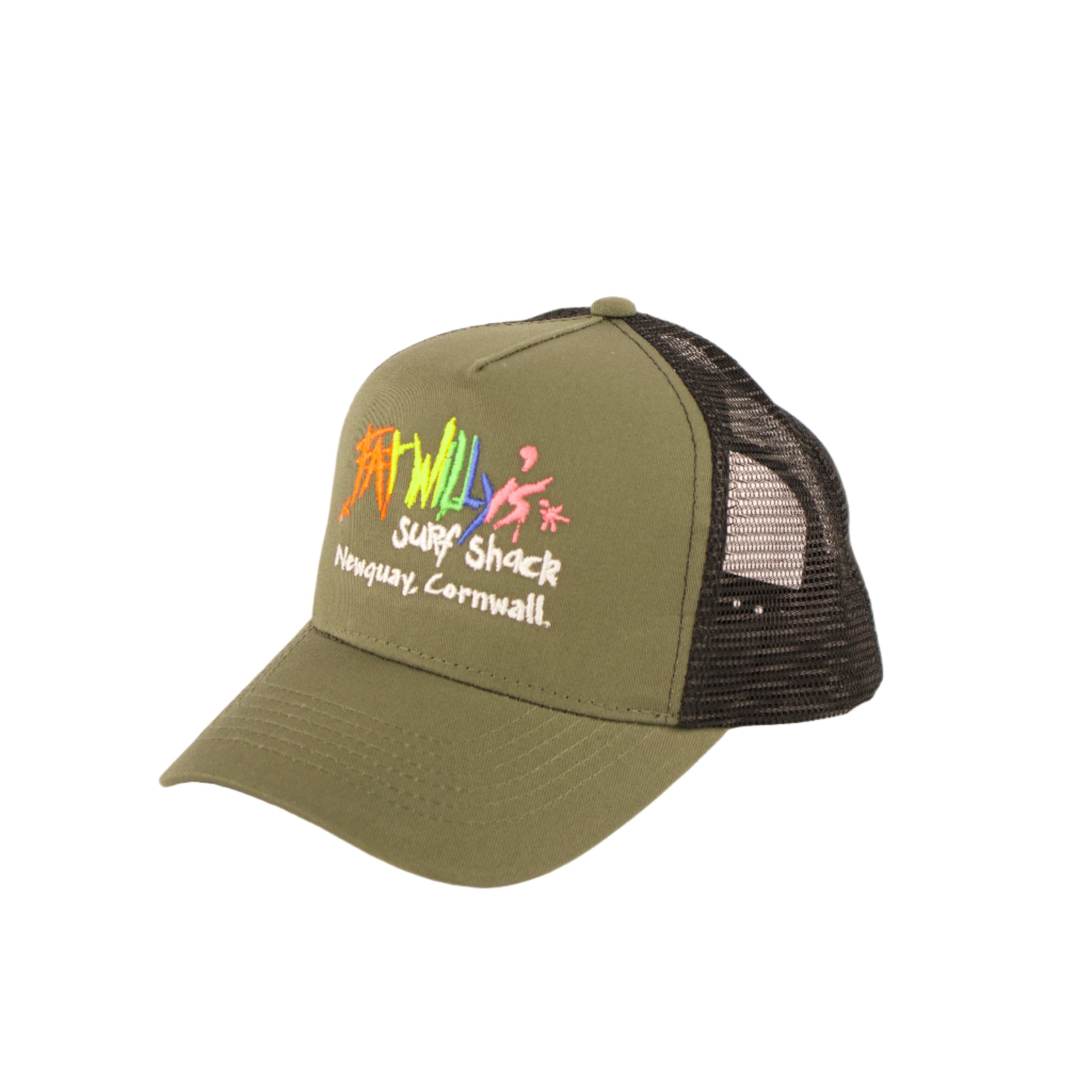 Green and black cap with colorful text on a white background