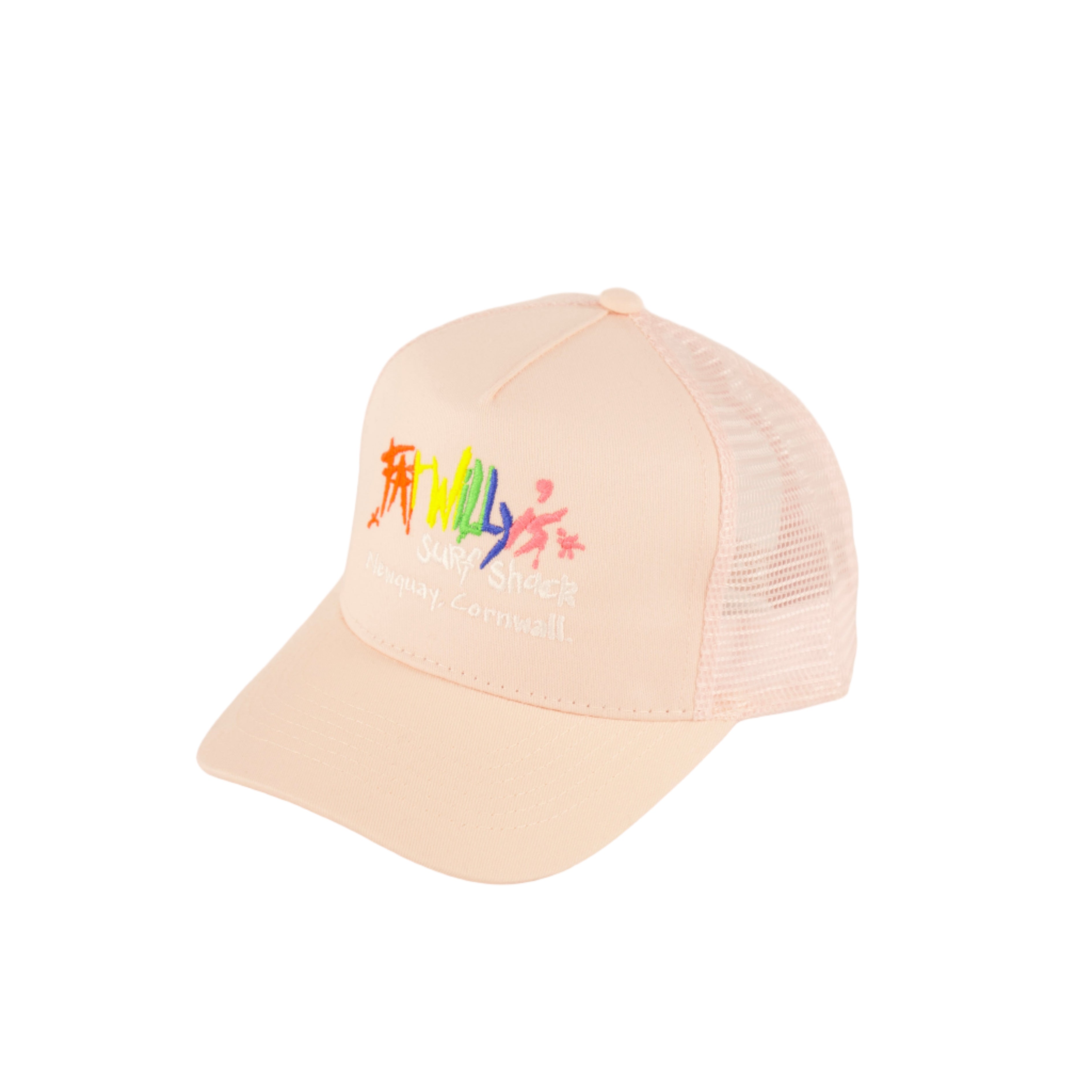 Pink trucker hat with colorful 'family' text on a beige background