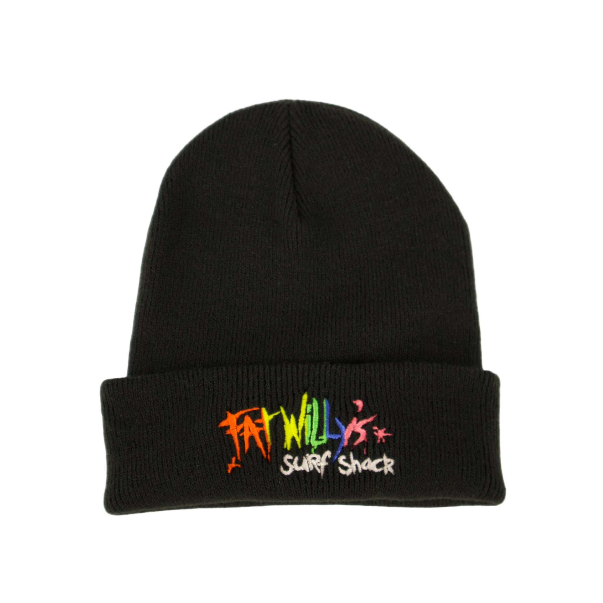 Black beanie with colorful text on a beige background