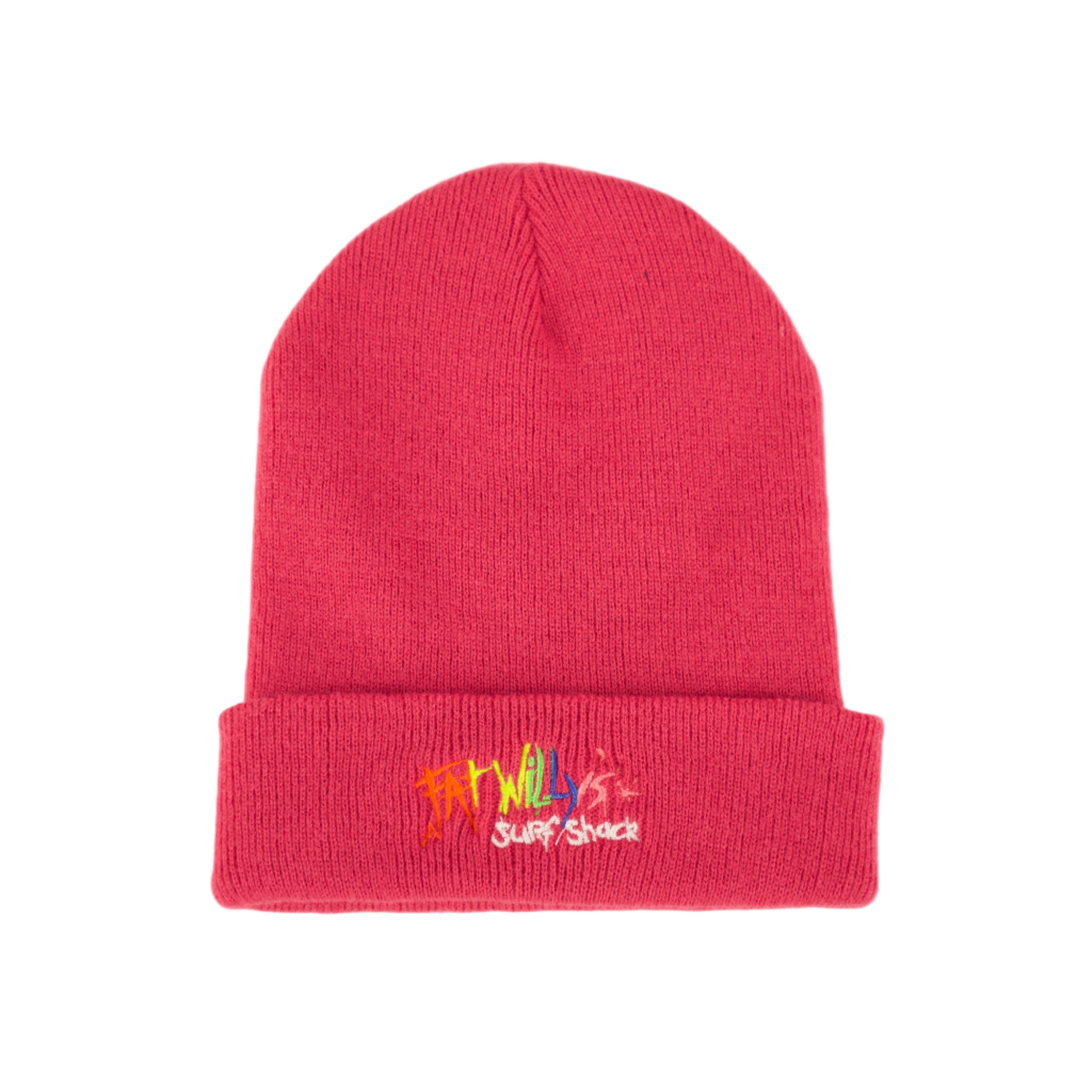 pink beanie with colorful text on a beige background