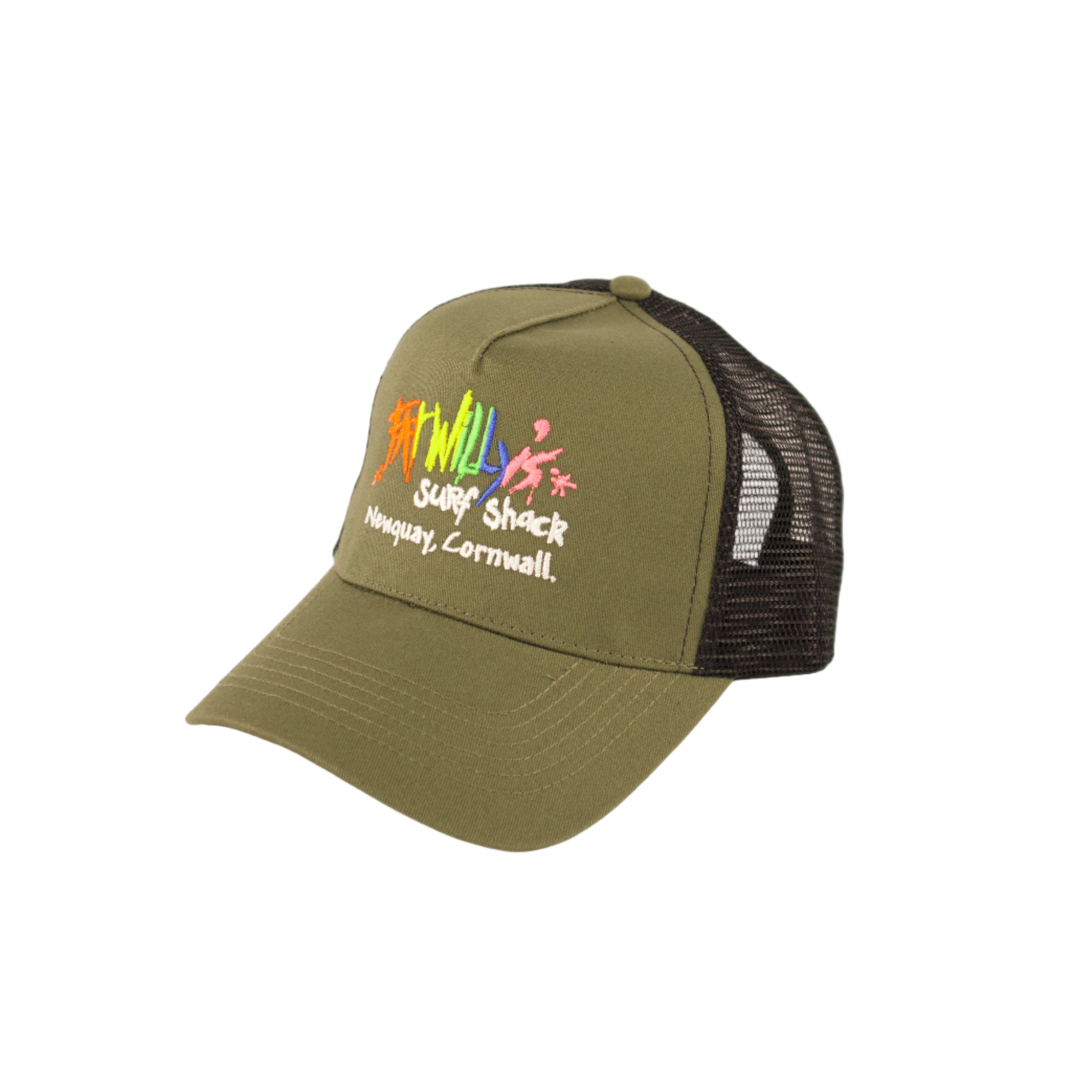 Green and black cap with colorful text on a white background