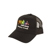 Black cap with colorful text and graphics on a beige background