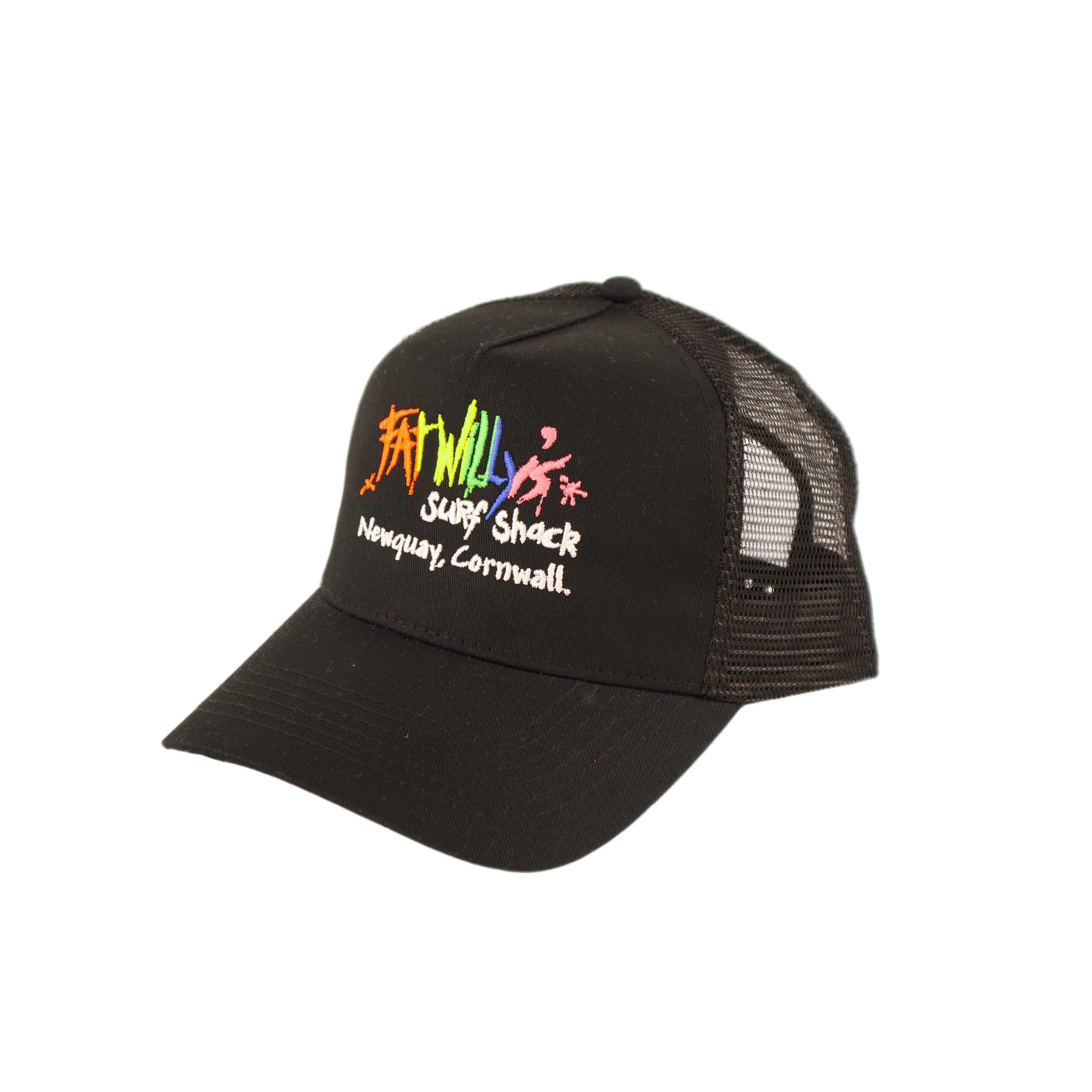 Black cap with colorful text and graphics on a beige background