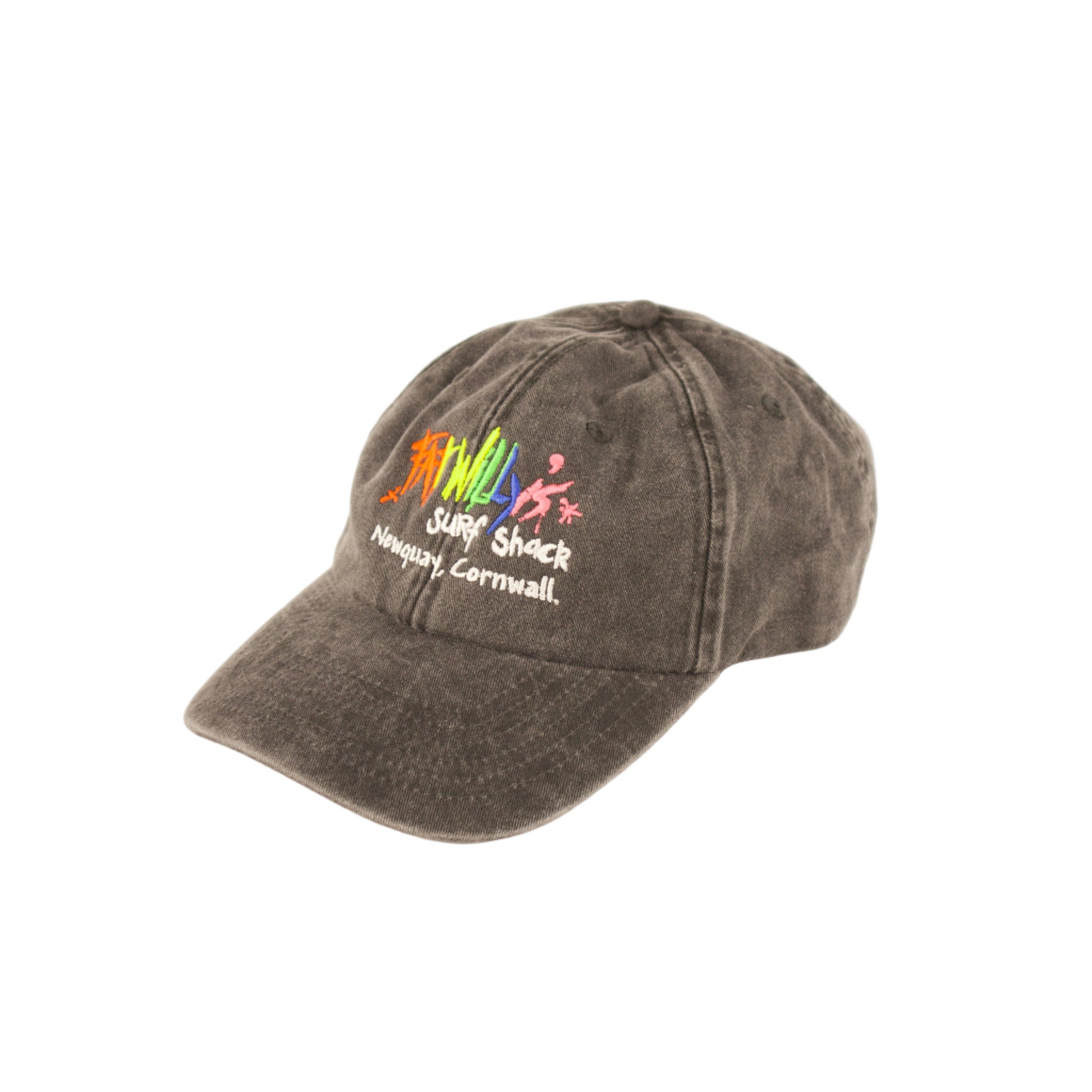 Black baseball cap with colorful text and logo on a white background