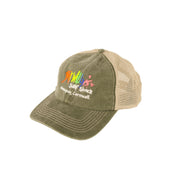 Green and beige cap with embroidered text on a beige background