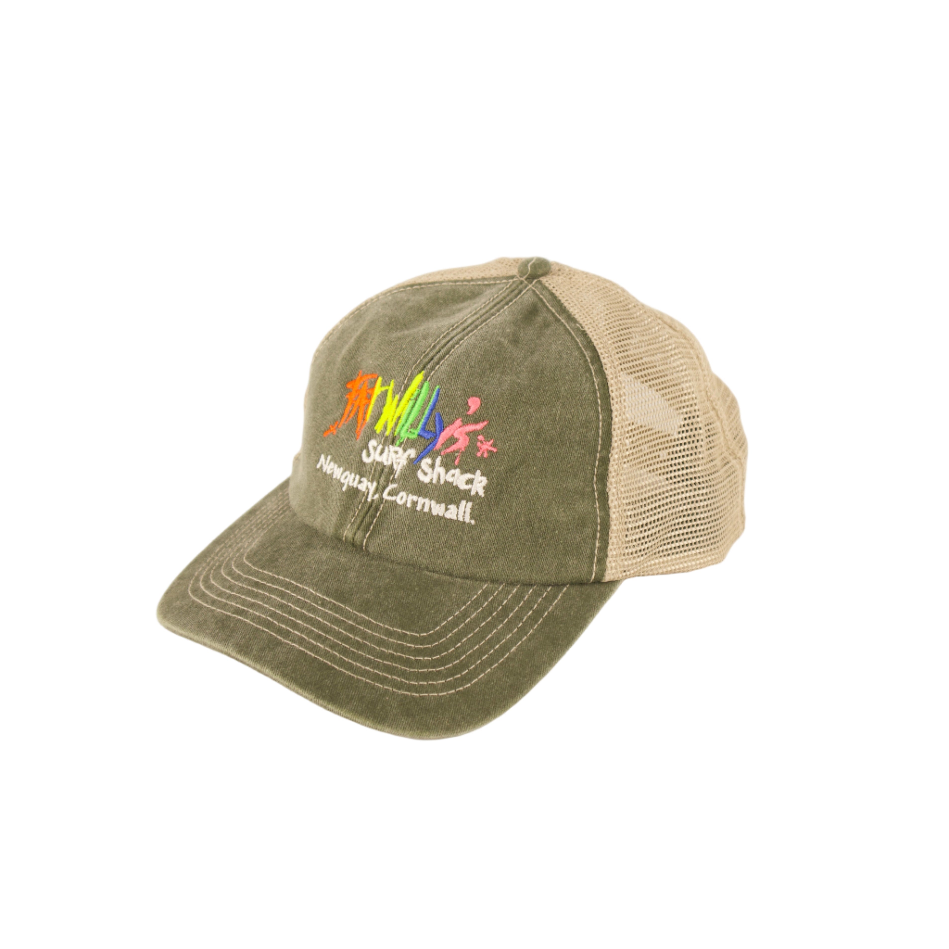 Green and beige cap with embroidered text on a beige background