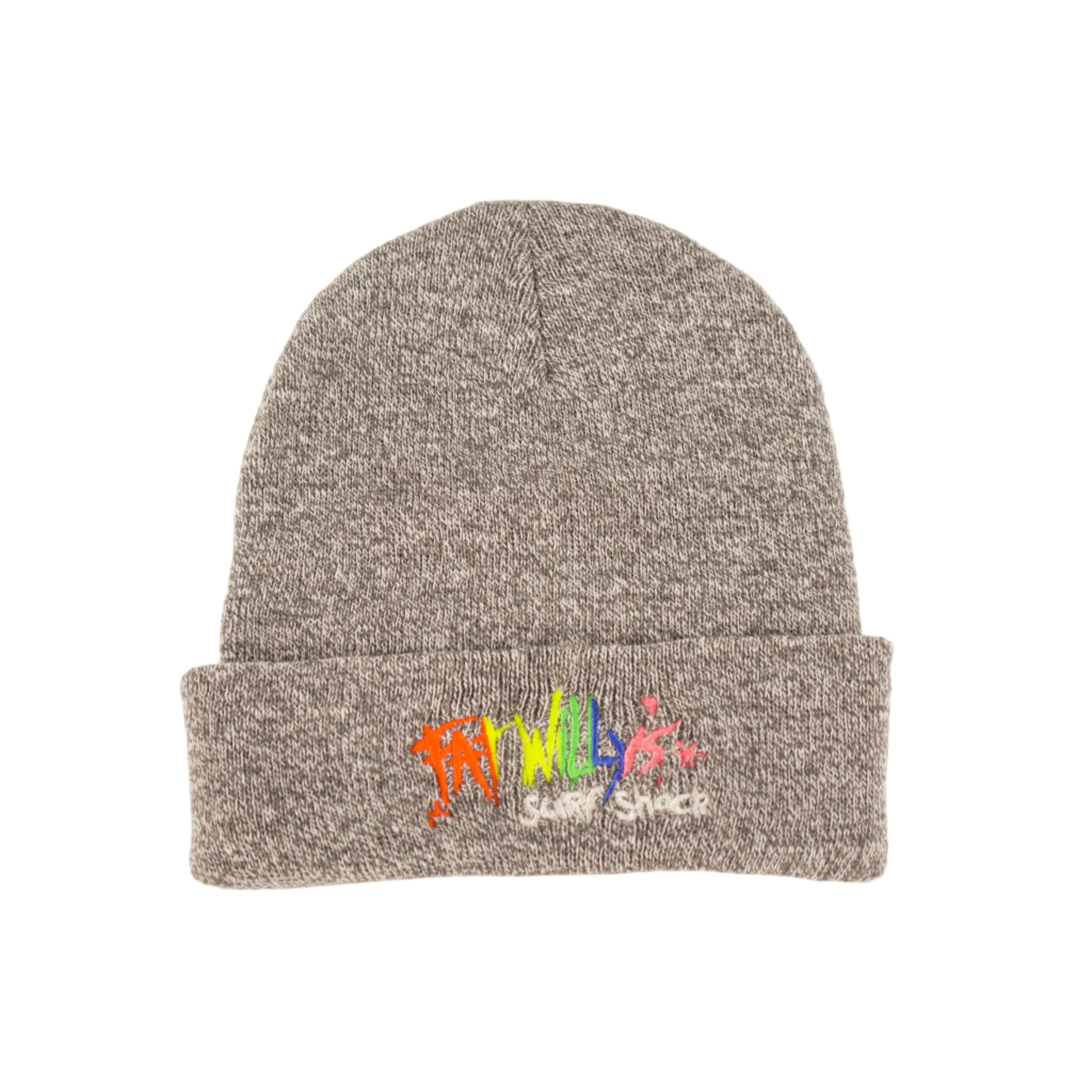 Gray knit beanie with colorful text on a light beige background