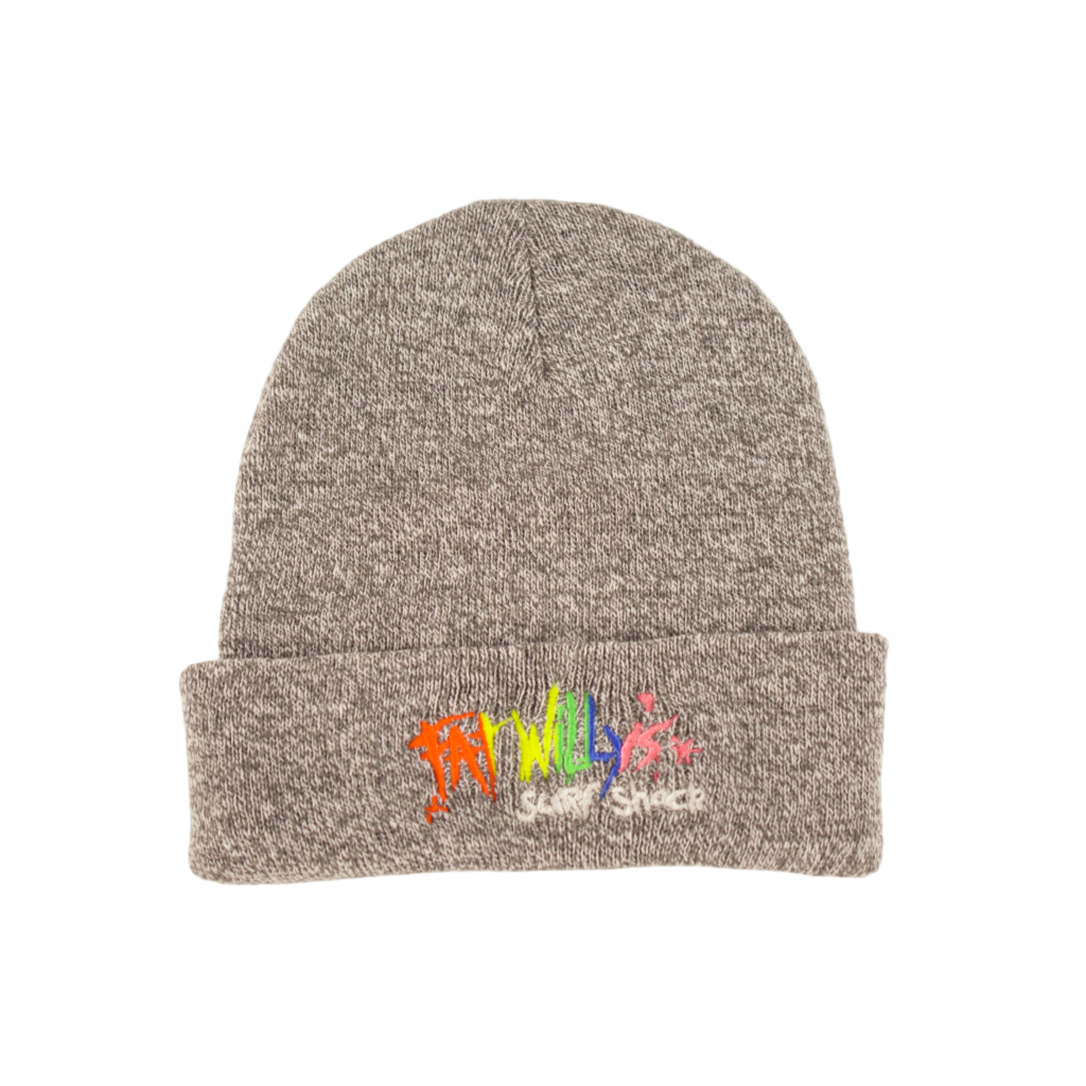 Gray knit beanie with colorful text on a light beige background