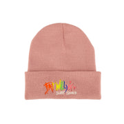 Pink beanie with colorful text on a beige background
