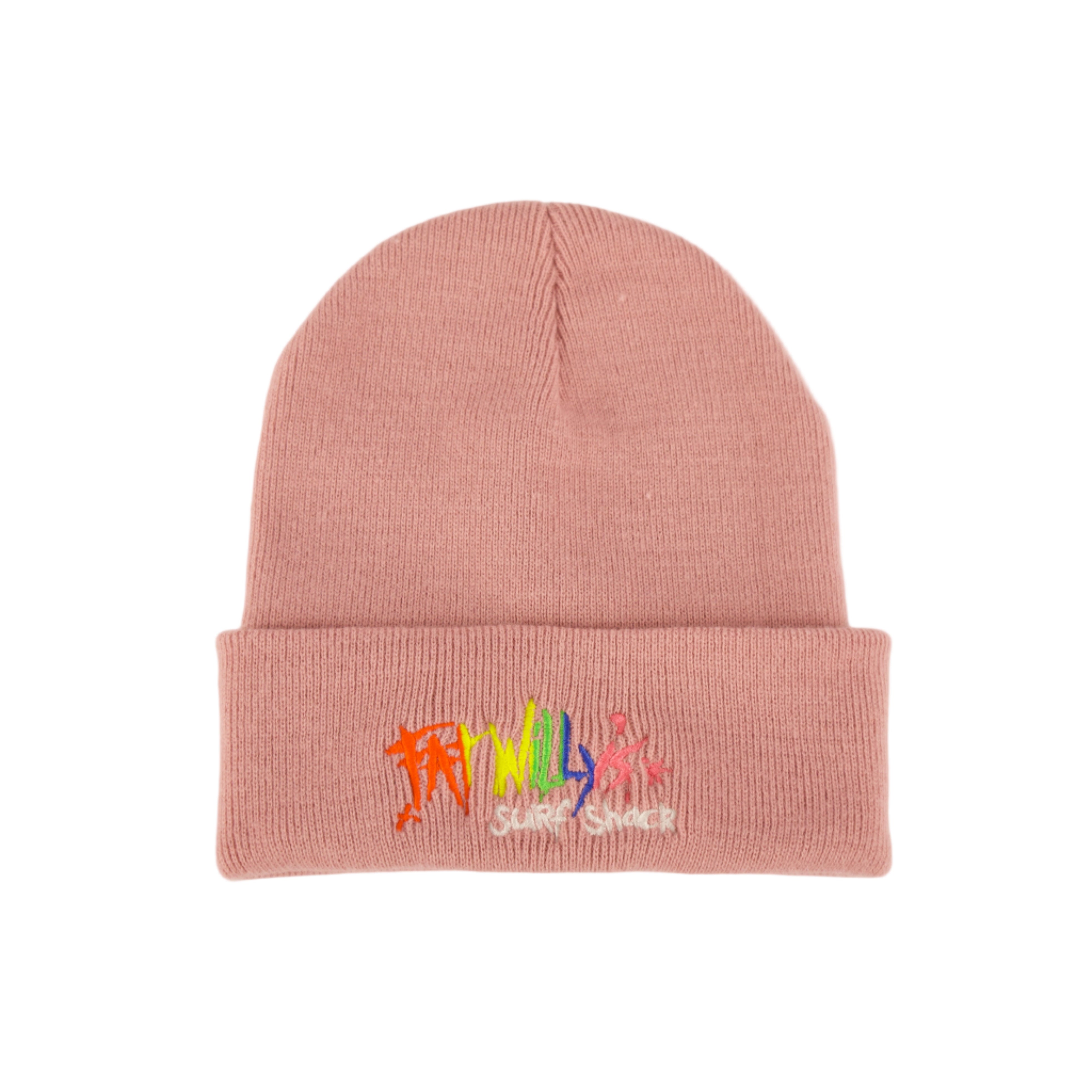 Pink beanie with colorful text on a beige background