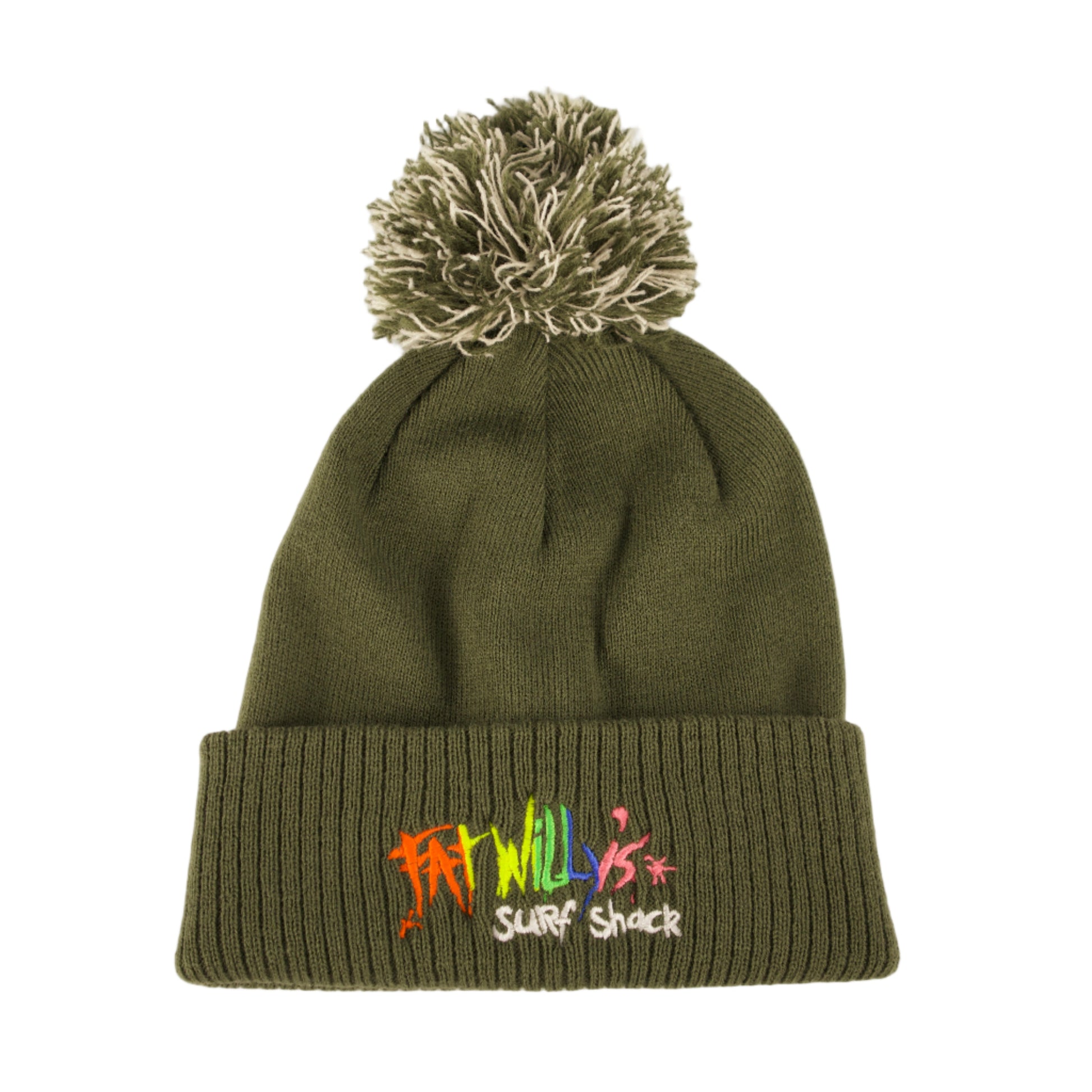 Green beanie with pom-pom on a white background