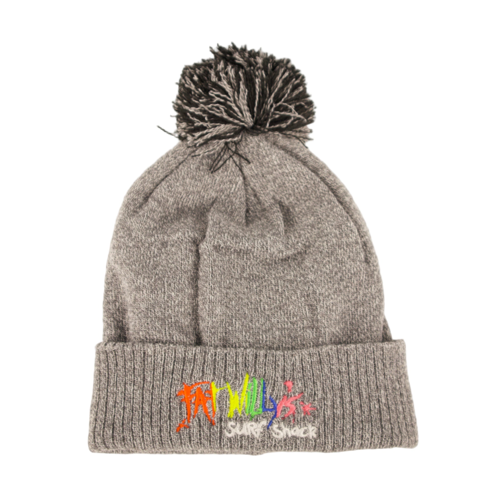 Gray knit beanie with colorful logo on a beige background