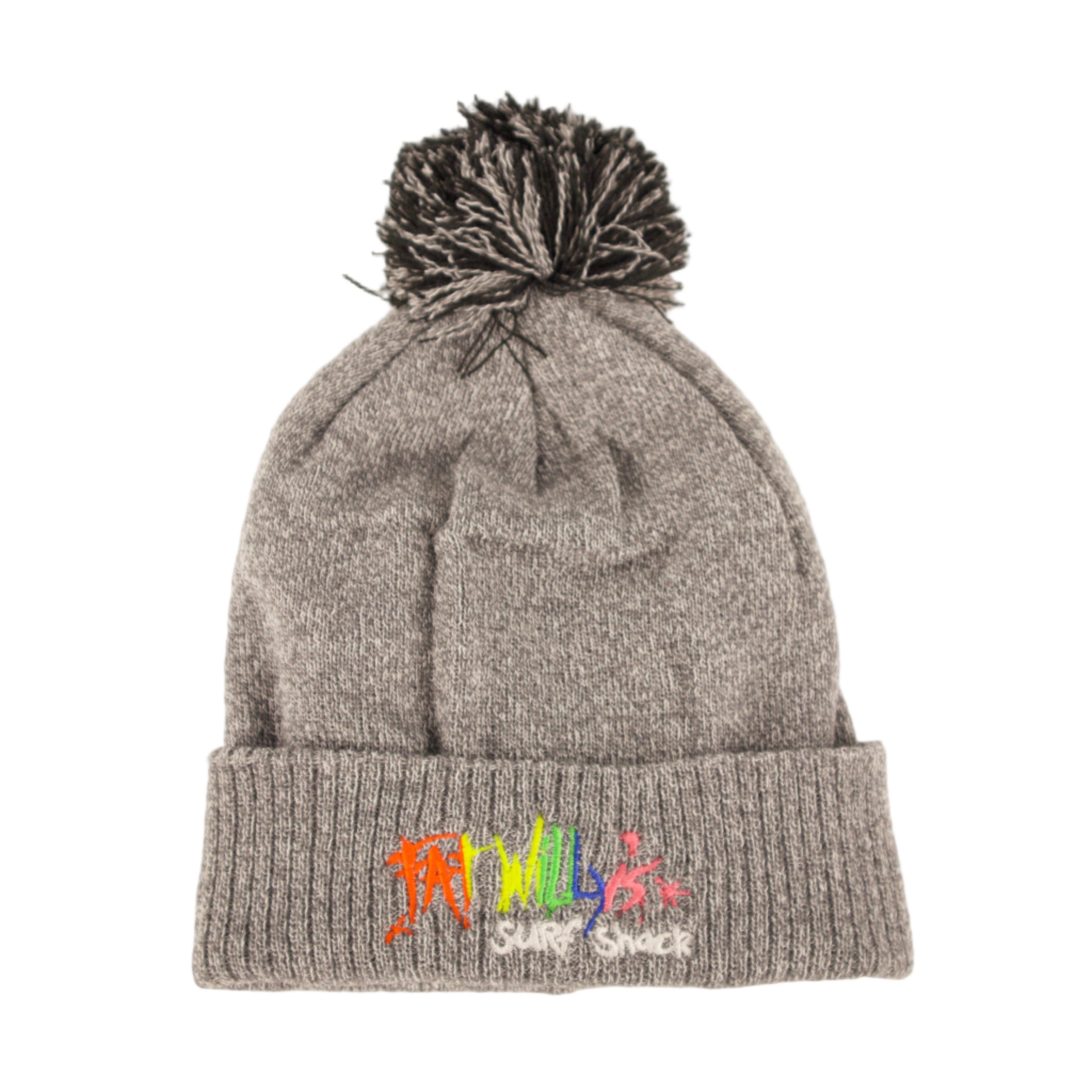 Gray knit beanie with colorful logo on a beige background