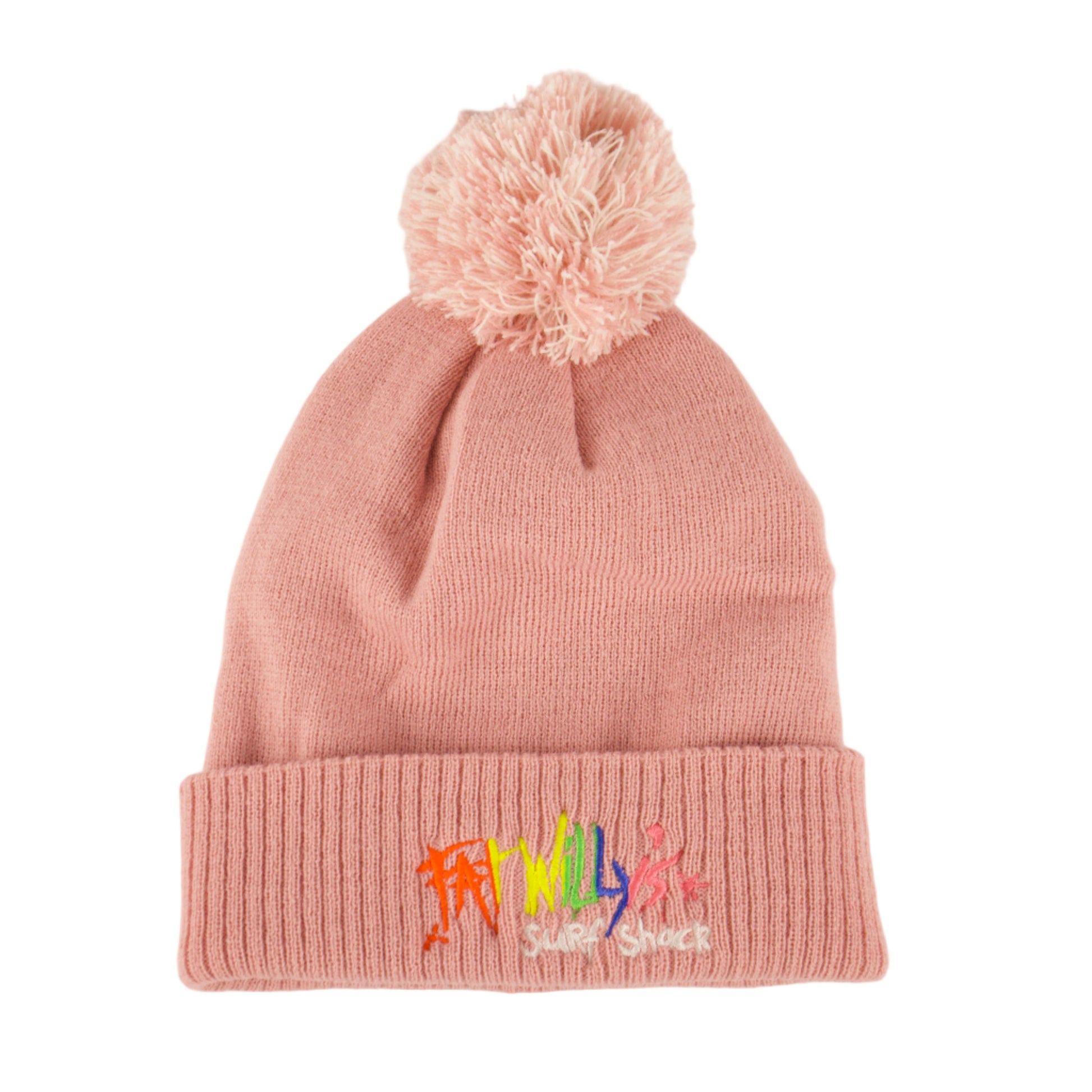 Pink knit beanie with colorful text and pom-pom on a beige background