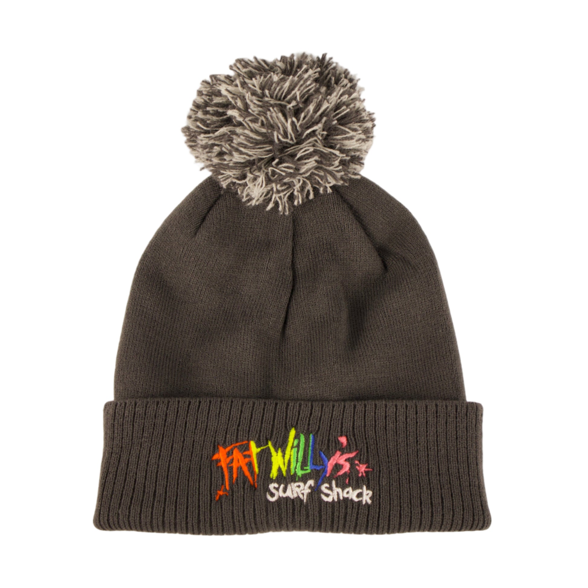 Dark gray beanie with pom-pom on a light beige background