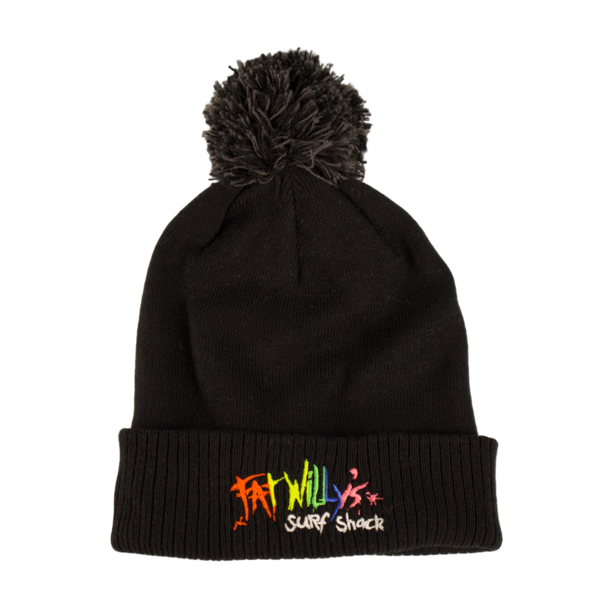 Black beanie with colorful text and pom-pom on a beige background