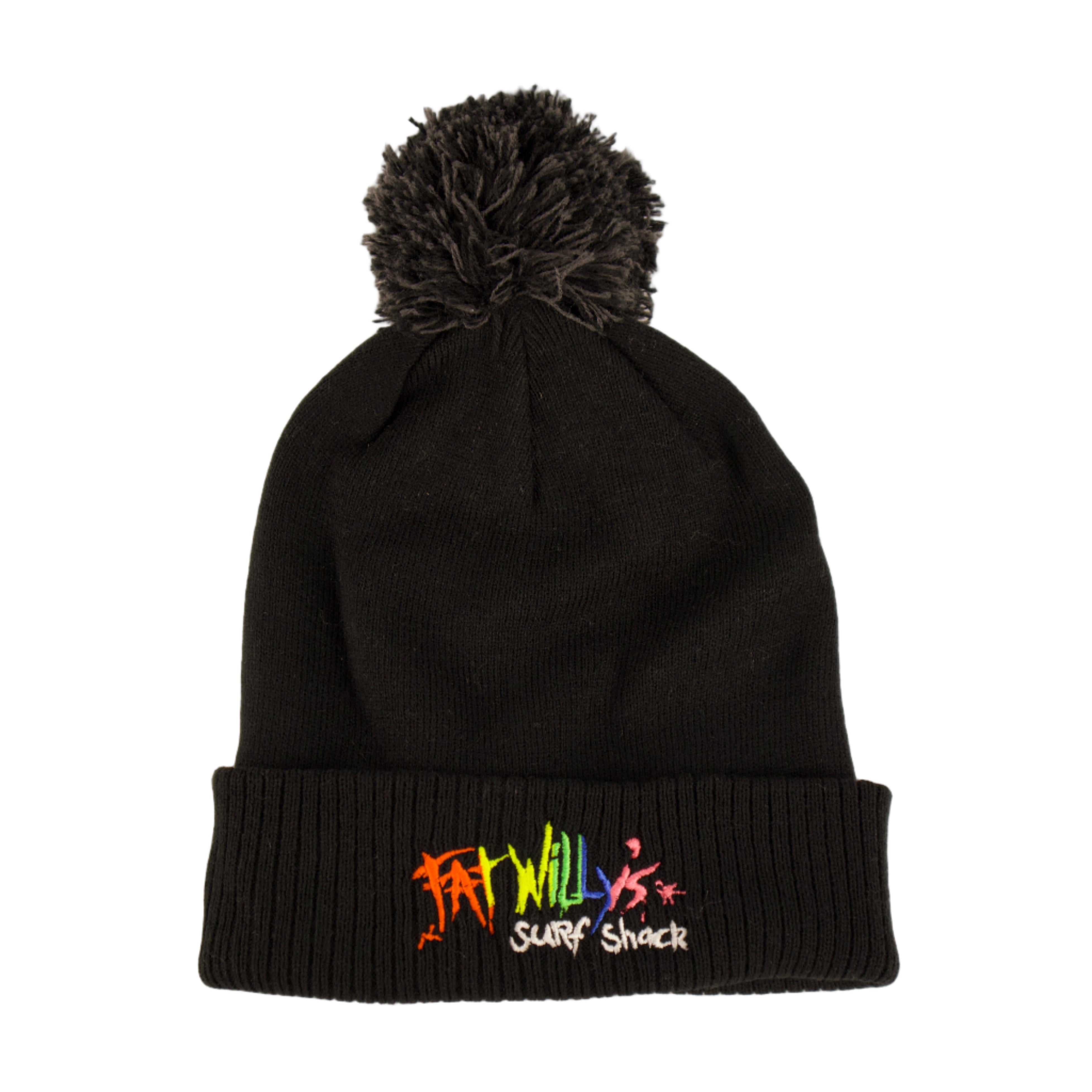 Black beanie with colorful text and pom-pom on a beige background